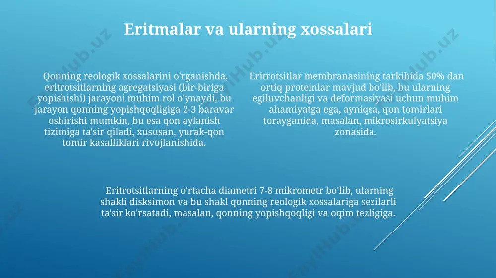 iya va elektrolitlar tarkibiga bog'liq bo'lib, masalan, 37°c da o'zgaradi. qonning reologik xususiyatlarini o'rganishda, masalan, o'zbekiston milliy universiteti tadqiqotchilari tomonidan olib borilgan ishlarda, eritrotsitlarning kolloid xossalari va ularning agregatsiyasi 10-20% gacha qon oqimiga qarshilikni oshirishi aniqlangan. polimerlarning tuzilishi va klassifikatsiyasi tabiiy polimerlar, masalan, sellyuloza (o'simliklar) yoki proteinlar (hayvonlar), o'z tuzilishi va xossalari bo'yicha sintetik polimerlardan sezilarli darajada farq qiladi. ularning tarkibi va tuzilishi 20 dan ortiq turli monometrlardan iborat bo'lishi mumkin. polimerlarning molekulyar massasi 10⁴ dan 10⁷ g/mol gacha o'zgarib, ularning fizik-kimyoviy xossalari va qo'llanilishini aniqlaydi. masalan, yuqori molekulyar massali polietilen, past molekulyar massaliligiga qaraganda, yuqori mustahkamlikka ega bo'ladi. sintetik polimerlarni klassifikatsiya qilish ularning kimyoviy tuzilishi, masalan, qo'shaloq bog'lar soni yoki funksional guruhlarning mavjudligi (masalan, -oh guruhlari polivinil spirtida) asosida amalga oshiriladi. misol uchun, rossiyada ishlab chiqarilgan polivinilxloridning turli xillari mavjud. kasalliklarda qonning reologik xossalarining o'zgarishi qandli diabet bilan og'rigan bemorlarda, qon plazmasining yuqori konsentrasiyasi va eritrotsitlar agregatsiyasi tufayli, qonning …