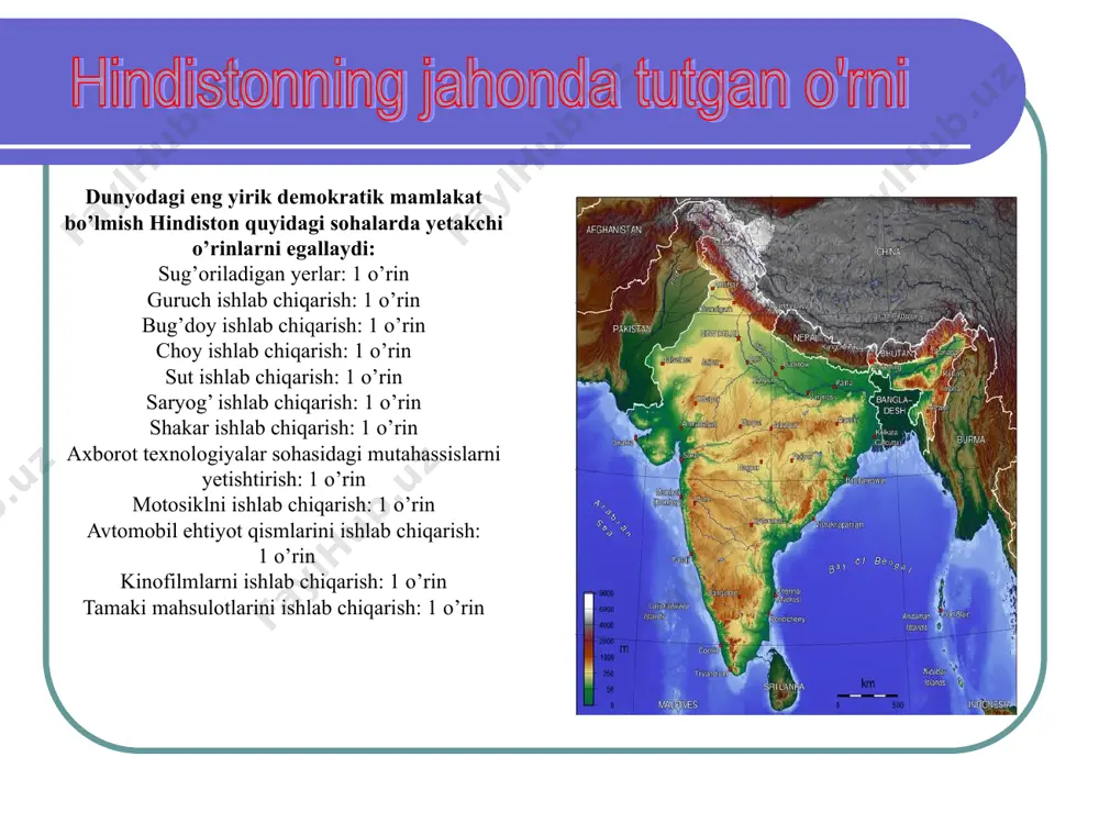 ndiston yaqin kelajakda aqsh va hitoydan keyin 3 chi yirik iqdtisodga aylanishi kutilyapti. 2025 yilga borib, hindistonning iqtisodi aqsh iqtisodining 60 % ni tashkil qiladi. 2035 yilga borib dunyo sahnasida iqtisodi kattaligi jihatdan 3 ta yirik davlat yuzaga keladi. 2015 yilga borib hindiston iqtisodining hajmi evropa birligidagi 6 ta yirik davlat-azolarining iqtisodidan o’tib ketishi va dunyo iqtisodidagi qismati 14.3 % ni tashkil qiladigan uchinchi yirik iqtisodga aylanishi tahmin qilinyapti. 2006-07 yillarda hindiston iqtisodining osishi 9 % ni va 2007-08 yillarda esa 8.6 % ni tashkil qildi. 2001 yildan beri iqtisodning tez o’sib kelishiga bir necha sabablar bor. bular qatoriga sanoat va hizmat sohasidagi yuqori o’sish ko’rsatkichlarni va dunyodagi ijobiy iqtisodiy muhitni kiritsak bo’ladi. yana shunday sabablar qaoriga mamlakat ichidagi nisbatan barqaror narhlarni ham kiritsak bo’ladi. yim hozirgi narhlarda: 1 trillion 5 milliard aqsh dollari (2007-2008) yim: 56 % - hizmatlar, 22 % - qishloq ho’jaligi, 22 % - sanoat ishlab …