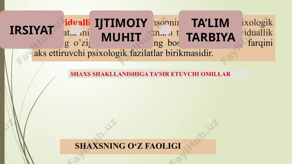 cha namoyon bo'ladi. inson shaxsi xulq-atvorining o’z motivlari bo’ladi. motiv - ma'lum ehtiyojlarni qondirish bilan bog’li bo’lgan qandaydir faoliyatga moyillikdir. harakat - maqsadga muvofiq yo’naltirilib, ongli ravishda amalga oshiriladigan harakatlar yig’indisi. harakat ongli faoliyatlarning tarkibiy qismlari va motivlaridan biridir. faollik - shaxsning ehtiyojlarini qondirish uchun voqelikni o’zlashtirishga qaratilgan muhim qobiliyatidir. “motivasiya” tushunchasi “motiv” tushunchasidan kengroq ma’no va mazmunga ega. motivasiya – inson xulq-atvori, uning bog’lanishi, yo’nalishi va faolligini tushuntirib beruvchi psixologik sabablar majmuini bildiradi. iroda kuchi- 1-kuchli 2-kuchsiz e’tiboringiz uchun rahmat image1.png image2.jpeg image3.jpeg image4.jpeg image5.jpeg image6.jpeg image7.jpeg image8.jpeg image9.jpeg image10.jpeg image11.png image12.png /docprops/thumbnail.jpeg