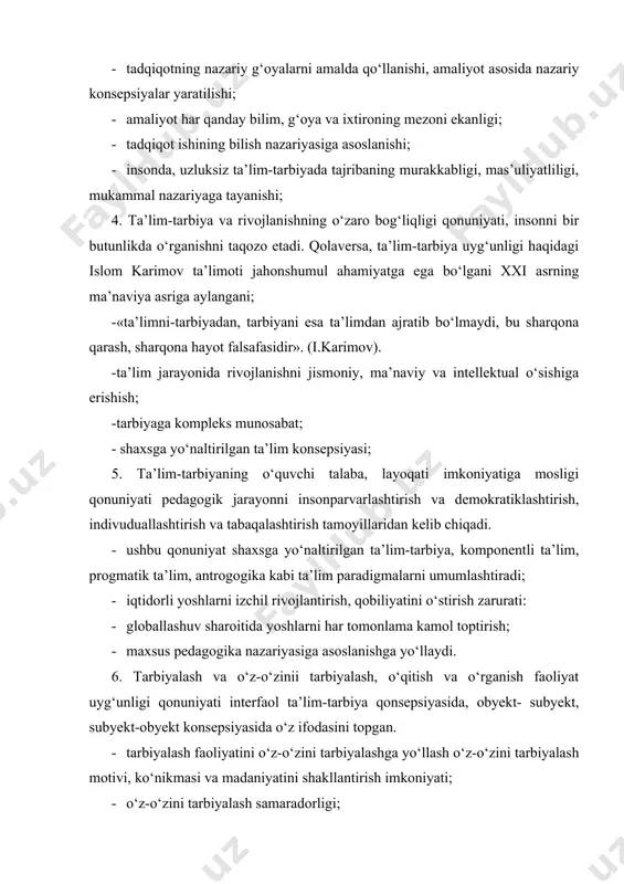 igi; · masofali ta’lim-tarbiya jarayoni; 7. ta’lim-tarbiya maqsadi, mazmuni, metodlari, shakllari va vositalari o‘zaro bog‘liqlik qonuniyati pedagogik texnologiya nazariyasi va amaliyotiga asos bo‘ldi: optimal maqsadga mos mazmun, metodlarni tanlash, qo‘llash yuneskoning pedagogik texnologiyaga bergan bahosida o‘z ifodasini topgan; intelektual rivojlangan barkamol avlodni, shaxsni tarbiyalash maqsadiga mos ta’lim-tarbiya mazmuninii belgilanishi; har tomonlama rivojlangan shaxsni shakllantirish mazmuniga mos metod, vositalarni qo‘llash ta’lim-tarbiyaning samarali omili ekanligi; -pedagogik texnologiyaning usullari shakllari, ta’lim-tarbiyaning mazmuni, mavjud shart-sharoitga bog‘liqligi kabilar; 8. ta’lim-tarbiyada fanlararo bog‘liqliq qonuniyati: insonni o‘rganadigan fanlar nazariy rivojlanishida deferensiatsiya holati mavjud bo‘lsada, ijtimoiy funksiya amaliyotida integratsiya tabiiy holdir. tabiiy fanlarning tutash bandida yangi-yangi fanlar paydo bo‘lishi, fanning ufqi kengayishi, jamiyat taraqqiyotida imkoniyatini oshishi insonshunoslik fanlarining ham o‘zaro bog‘liqliq qonuniyati mavjudligini ko‘rsatadi. jamiyatni ijtimoiy taraqqiyoti, inson, insoniylik, insoniyat, triadasi insonshunoslik fanlari hamkorligini taqozo etadi. demak, fanning o‘ziga xos qonuiniyatlari ilmiy tadqiqotning metodologik asos bo‘ladi. pedagogik tadqiqot metodlarini tasniflash. hozirgi jamiyat taraqqiyotining tez rivojlanishi, unda fanning ustivorligi …