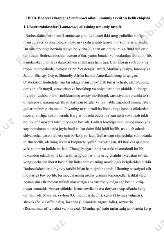 nt holida bo‘ladi. changchi uyasi bitta va ustki tuxumdonli bo‘lib, tuxumdon odatda to‘rt kamerali, urug‘donlar bitta urug‘chalidir. mevalari to‘rtta yong‘oqchadan iborat bo‘lib, bu holat ham oilaning morfologik belgilaridan biridir. bodrezakdoshlar kimyoviy tarkibi bilan ham ajralib turadi. ularning aksariyati efir moylariga boy bo‘lib, bu moddalarning asosiy qismini terpenoidlar tashkil etadi. aynan shu efir moylar tufayli ular o‘ziga xos xushbo‘y hidga ega bo‘lib, oziq-ovqat sanoatida ziravor sifatida, farmatsevtikada esa dorivor maqsadlarda keng qo‘llaniladi. masalan, rayhon (ocimum basilicum), kekik (thymus vulgaris), shavok (salvia officinalis), lavanda (lavandula angustifolia), rozmarin (rosmarinus officinalis) va bodrezak (mentha sp.) kabi turlar xalq tabobatida ko‘p asrlardan beri ishlatiladi. bu o‘simliklar organizmga tinchlantiruvchi, yallig‘lanishga qarshi, antimikrob, xushbo‘y, hazmni yaxshilovchi kabi turli farmakologik ta’sir ko‘rsatadi. shu bilan birga, ularning ayrimlari asalarilar uchun ajoyib nektar manbai hisoblanadi va bu xususiyati ularni asalarichilikda ham muhim o‘ringa ega qiladi. bundan tashqari, ayrim vakillari atrof-muhitni bezashda, landshaft dizaynida keng qo‘llaniladi. masalan, lavanda va rozmarin ko‘plab …