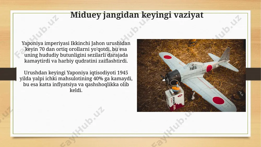tdi. ikkinchi jahon urushi davrida yaponiya tinch okeani urushida aqshning pearl harborga qilgan kutilmagan hujumi bilan 1941-yil 7-dekabrda faol ishtirok etdi, bu esa 2000 dan ortiq amerikalik askarlarning halok bo'lishiga olib keldi. yaponiyaning militarizatsiyasi yaponiya armiyasi 1930-yillarga kelib, imperiyaning kengayishiga qaratilgan agressiv harbiy doktrinani qo'llab-quvvatlash uchun sezilarli darajada modernizatsiya qilingan va kengaytirilgan, bu esa jahon miqyosidagi urushga olib keldi. 1930-yillarning boshlarida yaponiya dengiz kuchlari tez sur'atlar bilan o'sdi, hatto aqshning tinchlik davridagi flotidan ham oshib ketdi, bu esa tinch okeanida kuch uchun raqobatni kuchaytirdi va urush xavfini oshirdi. ikkinchi jahon urushi arafasidagi yaponiya 1940-yil sentabr oyida yaponiya "axis" davlatlari (germaniya va italiya) bilan uch tomonlama pakt imzoladi, bu esa yaponiyaning ikkinchi jahon urushiga rasman kirishini taʼminladi. yaponiyaning 1930-yillarda manchjuriyani bosib olishi va keyinchalik xitoy bilan urush boshlashi ikkinchi jahon urushiga kirishining muhim omillaridan biri hisoblanadi. e'tiboringiz uchun rahmat @taqdimot_robot image7.jpg image8.jpg image9.jpg image10.jpg image11.jpg image12.jpg image13.jpg image14.jpg image15.jpg image16.jpg image17.jpg …