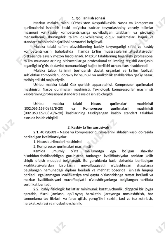 aydigan idishlarini ishlatish, texnik xizmat ko`rsatish va ta’mirlash; stansiya mahsulotlarini ishlab chiqarish texnologik jarayoniga muvofiq nasos stantsiyalarining uzluksiz ishlashini ta’minlash; xizmat ko`rsatadigan nasoslar, mashinalar va mexanizmlarning ishlashi bo`yicha hisobot va texnik hujjatlarni yuritish; 3.2.2. kompressor qurilmalar mashinisti kvalifikatsiyasi bo`yicha: statsionar kompressorlarni, turbokompressorlarni va avtomatlashtirilgan kompressor stantsiyalarini ishlatish, texnik xizmat ko`rsatish va ta’mirlash; stantsiya mahsulotlarini ishlab chiqarish texnologik jarayoniga muvofiq kompressor stantsiyalarining uzluksiz ishlashini ta’minlash; kompressorlar, turbokompressorlar va dvigatellarning ish rejimlarini ishga tushirish va sozlash; 4. ta`lim dasturini o`zlashtirgan bitiruvchining umumiy va kasbiy kompetentsiyalariga qo`yiladigan talablar 4.1. nasos va kompressor qurilmalarini ishlatish kasbning bitiruvchilari umumiy kompetentsiyasiga qo`yiladigan talablar: umumkasbiy kompetensiya: uk-1. kasbiy faoliyat doirasida vujudga keladigan turli masalalar echimini topish usullarini tanlay olish; uk-2. rahbar tomonidan belgilangan maqsadga erishish uchun jamoada ishlay olish; uk-3. o`zining kasbiy malakasini va shaxsiy kamolotini takomillashtirib borish; uk-4. jamoada va ma`lum vazifani bajarishga yo`naltirilgan guruhda ishlash, hamkasblar, rahbarlar va mijozlar bilan samimiy, xushmuomala va samarali muloqot …