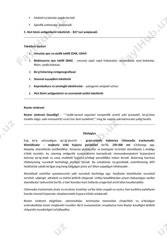 ng eroziyalanmagan yallig‘lanishi yoki sekin rivojlanadigan sakroileit kuzatilishi mumkin. 9. agar artrit kasallik boshlangandan 7-14 kun o‘tib rivojlansa, qonda iersiniyaga qarshi antitanalar aniqlanadi, diagnostik jihatdan ahamiyatli bo‘lgan titr 1:160 dan past bo‘lmaydi. laboratoriya ma'lumotlari 1. umumiy qon tahlili (oak): esr ortishi, kamqonlik va leyko-tsitoz belgilari bo‘lishi mumkin. 2. biokimyoviy qon tahlili (bak): α2- va γ-globulinlar, fibrin, seromukoid, siyal kislotalarining ortishi, c-reaktiv oqsil (crp) paydo bo‘lishi mumkin. 3. bakteriologik va serologik tekshiruvlar infektsiyani tasdiqlaydi. iersinioz infeksiyasining diagnostik mezonlari koprokultura ajratish va iersiniyaga qarshi antitanalar titrining oshishi bilan bog‘liq. bu rpga (passiv gemagglyutinatsiya testi) usuli bilan aniqlanadi (1:160 va undan yuqori diagnostik titr). dizenteriyada koprokultura ajratiladi, shigellaga qarshi antitanalar 1:200 va undan yuqori titrda aniqlanadi (fleksner shtammi artritogen xususiyatga ega). salmonellyoz va kampilobakterioz peada qonda antitanalar titri aniqlanadi, kamdan-kam hollarda esa koprokultura tekshiriladi (pea rivojlanganda natija manfiy bo‘lishi mumkin). 4. sinovial suyuqlik tekshiruvi – yallig‘lanish jarayonlari aniqlanadi: · suyuqlik loyqa, sarg‘ish, yopishqoqligi …