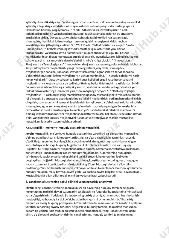 hlardan birini tashkil etadi.5. **oliy ta'lim va ilmiyot ishlar:** o'zbekistonning taraqqiyoti uchun oliy ta'lim va ilmiyot sohalarda rivojlanish muhimdir. mamlakat o'z malakasini oshirish, yangi texnologiyalarni egallash, va o'zini dunyo bilan solishtirish uchun yuqori saviyada ta'lim tizimini saqlash va rivojlantirish kerak.6. **ijtimoiy adolat va inson huquqlari:** o'zbekiston mustaqil taraqqiyotini tanlashda ijtimoiy adolat va inson huquqlari muhim ahamiyatga ega. fuqarolar o'zaro do'stlarcha, o'zaro hurmat, va o'zaro baxtsizmlik asosida yashashlari ta'minlanishi, ijtimoiy adolatning ta'minlanishi, va inson huquqlarining himoyalanganligi mamlakatni rivojlantirishda muhimdir. 4. taraqqiyotning “ o’zbek modeli” va uning o’ziga xos xususiyatlari. javob: "taraqqiyotning o'zbek modeli" ifodasi o'zbekistonning mustaqil davlat sifatida o'z rivojlanish yo'li va strategiyasini ifodalovchi bir tushunchadir. bu model o'zida mamlakatning unikalligi, milliy, madaniy, diniy qadriyatlariga ta'sir qilish, shuningdek, global va regional mamlakatlar bilan o'zaro hamkorlik qilish muhim tushunchalarni o'z ichiga oladi. quyidagi "o'zbek modeli"ning o'ziga xos xususiyatlari qanday rivojlanish yo'lini ifodalaydi:milliy identitet: o'zbek modeli, milliy identitetni saqlash va rivojlantirishga katta e'tibor …