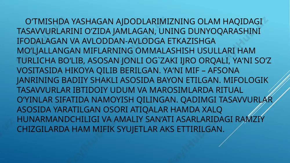 toraygan bo‘ladi. politeistik diniy qarashlar (ko‘p xudolilik tasavvuri) ustunlik qiladi. zardushtiylik davri mifologiyasi bunga misol bo‘ladi. o‘rta asrlar miflarining semantik asosini monoteistik diniy qarashlar tashkil etadi. qadimgi turkiy qavmlar mifologiyasi. o‘zbek folklorida saqlanib qolgan arxaik miflarning asosiy qismi qadimgi turkiy mifologiyaning epik diffuziyasi natijasida etib kelgan. qadimgi turkiy qabilalar og`zaki ijodiyotida olamni mifologik anglash asosida yaratilgan kosmogonik, totemistik, animistik, etiologik va etnogenetik miflar asosiy o‘rinni egallagan. qadimgi turkiy mifologiyani o‘zida aks ettirgan yozma obidalar orqali etib kelgan miflarni quyidagi uch turkumga ajratish mumkin: «1) kosmogoniya va kosmologiya. a) olamning yaratilishi va tuzilishi haqidagi miflar; b) samoviy halokat yoki olamning intihosi haqidagi mif; 2) panteon va sostium. a) tangri va ilohiy kuchlar haqidagi miflar; b) hoqonlarning ilohiy tug`ilishi va afsonaviy hukmdorlar to‘g`risidagi miflar; 3) etnogoniya va geneologiya. a) turkiy qabilalarning kelib chiqishi haqidagi miflar; b) «madaniy qahramonlar» - ilk ajdodlar to‘g`risidagi miflar». o‘zbek xalq ertaklaridagi semurg` obrazi o‘rta osiyo mifologiyasining mahsuli …