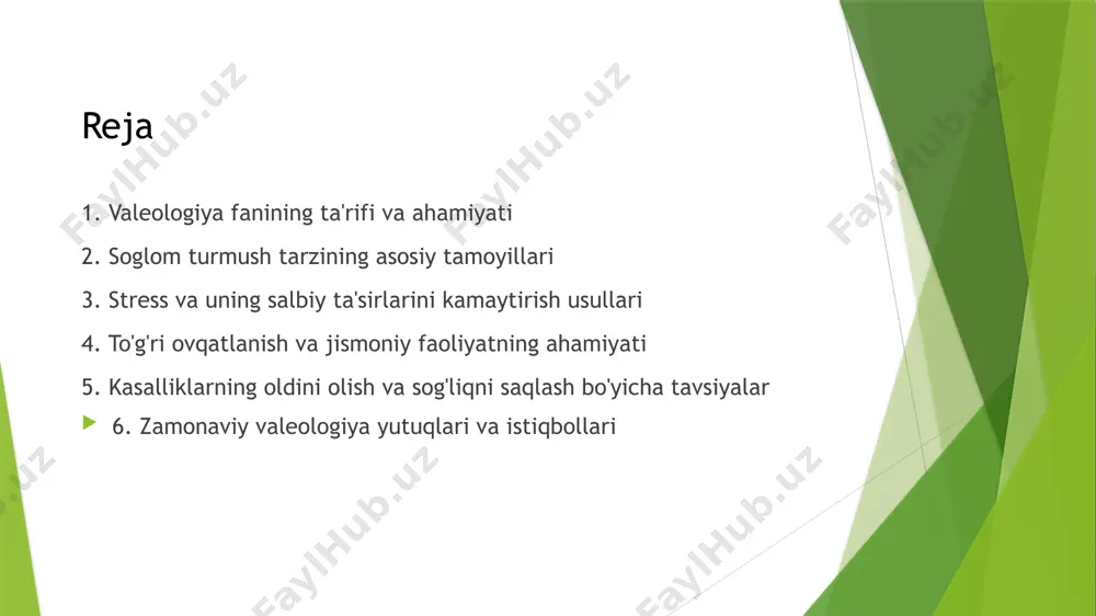 kerak suv ichishni unutmang ovqatni asta-sekin va yaxshilab chaynash tavsiya etiladi to'g'ri ovqatlanish inson organizmining normal ishlashi uchun zarurdir to'g'ri ovqatlanish muntazam jismoniy mashqlar yurak-qon tomir tizimini mustahkamlaydi jismoniy faoliyat immunitetni oshiradi mashqlar orqali vaznni nazorat qilish mumkin jismoniy faoliyat kayfiyatni yaxshilaydi stressni kamaytirishga yordam beradi suyaklar va mushaklarning mustahkamligini oshiradi muntazam mashqlar uyqu sifatini yaxshilaydi uzoq umr ko'rishga yordam beradi jismoniy mashqlarni hayotingizning ajralmas qismiga aylantiring jismoniy faoliyat stress zamonaviy hayotning ajralmas qismidir u salbiy ta'sir ko'rsatishi mumkin stressni boshqarish usullarini o'rganish muhimdir meditatsiya va yoga stressni kamaytirishga yordam beradi yurish va sport bilan shug'ullanish stressni kamaytiradi yaxshi dam olish kerak o'z vaqtingizni rejalashtiring hobbi bilan shug'ullaning do'stlaringiz va yaqinlaringiz bilan vaqt o'tkazing stressni boshqarish sog'lig'ingizni saqlashga yordam beradi stress va uning oldini olish chekish o'pka va boshqa organlarga zarar yetkazadi spirtli ichimliklar jigar va boshqa organlarga zarar yetkazadi narkomaniya juda xavflidir yomon odatlardan voz kechish sog'liq uchun juda …