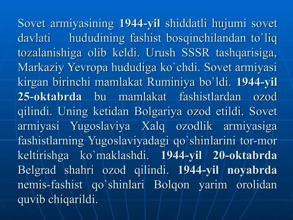 fevralda bo`lib o`tgan uch buyuk davlatlar rahbarlarining qrim konferensiyasi muhim bosqich bo`ldi. urush nihoyasiga yetib qolgan, g`alaba yaqin edi. konferensiyada mag`lub germaniya va ozod qilingan yevropaga nisbatan hamkor-likdagi siyosat rejalarining ishlab chiqilishi bosh masala hisoblandi. uch davlat rahbarlari natsizmni, uning qurolli kuchlari, bosh shtabi, barcha idoralarini yo`q qilish, fashist-lar germaniyasi rahbarlarini jazoga tortish, natsizmning nemis xalqining madaniy va iqtisodiy hayotiga har qanday ta'sirini bartaraf etishga kelishdilar. germaniyaning taslim bo`lishi 1945-yil 9-mayda berlin yaqinidagi karlxorstda aqsh, sssr, angliya va fransiya qo`shinlari qo`mondonligi vakillari ishtirokidalari so 'zsiz taslim bo 'lish to`g`risidagi hujjatni imzoladilar. fashistlar germaniyasi tomonidan olti yil muqaddarn boshlangan qonli urush uning to`liq tor-mor gitler orzu qilgan ming yillik reyxning umri o`n ikki yilga ham yetmadi. yaponiyani taslim bo`lishi urushning nihoyasini tezlashtirish va katta talafotlar bermaslik maqsadida aqsh hukumati yaponiyaga atom bombasi tashlashga qaror qildi. 1945-yil 6-avgustda aqsh samolyoti xirosima shahriga atom bombasini tashladi. 200 ming aholi yashaydigan shahar vayronaga aylandi. …