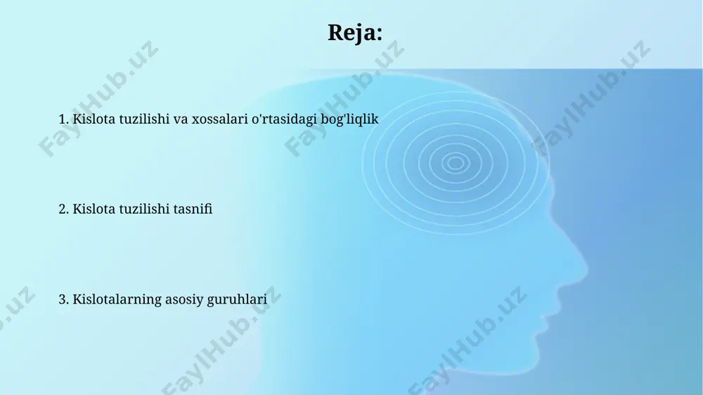 l qilgan kislotalar. bir asosli karboksilik kislotalar, masalan, palmitik kislota (c₁₅h₃₁cooh) kabi yogʻ kislotalari, oʻsimlik va hayvon yogʻlarida 16 ta uglerod atomiga ega boʻlib, koʻp uchraydi. organik kislotalar turli xil organik kislotalar, masalan, salitsil kislotasi (c7h6o3) germaniya va boshqa yevropa mamlakatlarida dori vositalari ishlab chiqarishda keng qo'llaniladi. ularning molekulyar tuzilishi va funktsional guruhlari ularning biologik faolligini aniqlaydi. to'yinmagan yog' kislotalari, masalan, olein kislotasi (c18h34o2) kabi, ikki yoki undan ortiq uglerod atomlari orasida ko'p bog'lanishlarni o'z ichiga oladi va ularning fizik-kimyoviy xossalari to'yingan yog' kislotalaridan farq qiladi. bu xususiyatlar yog'larning erish temperaturasiga ta'sir qiladi. kislotalarning xossalari karboksil kislotalari (r-cooh) — organik kislotalar guruhi bo'lib, ularning molekulalarida karboksil guruhi mavjud; masalan, 1 mol sirka kislotasi 60 grammni tashkil etadi va dunyo bo'ylab keng tarqalgan. kislotalarning reaktsion qobiliyati ularning tuzilishiga bog'liq; masalan, kuchli mineral kislotalar, sulfat kislotasi (h₂so₄) kabi, suv bilan reaksiyaga kirishib, juda ko'p issiqlik ajratib chiqaradi, bu esa xavfsizlik choralarini talab …