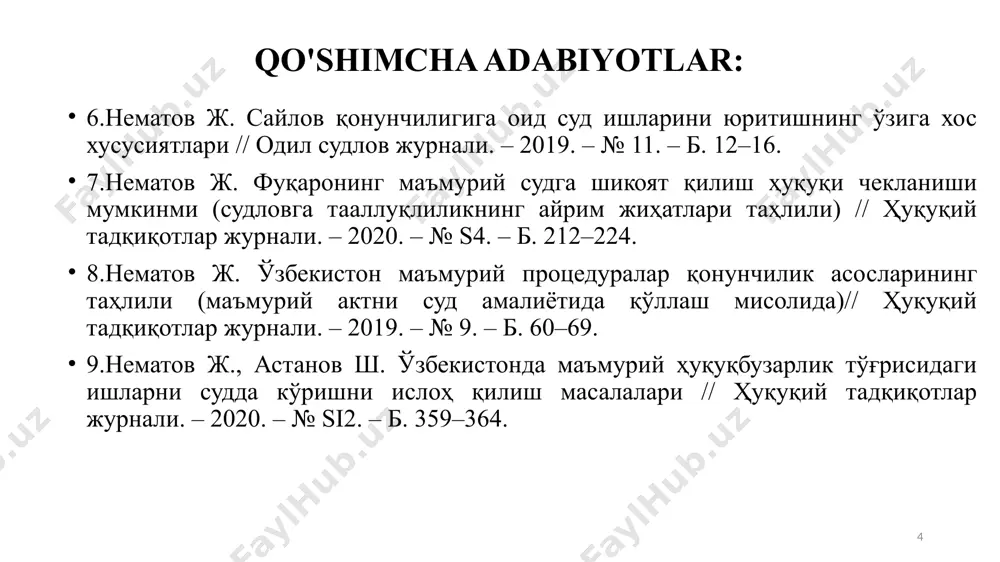 qalpog'iston respublikasi konstitutsiyasining o'zbekiston respublikasining konstitutsiyasiga, qoraqalpog'iston respublikasi qonunlarining o'zbekiston respublikasining qonunlariga muvofiqligi to'g'risida xulosa beradi; 4-modda. konstitutsiyaviy sudning vakolatlari konstitutsiyaviy sud: o'zbekiston respublikasining konstitutsiyasi va qonunlari normalariga sharh beradi; o'zbekiston respublikasi oliy sudining muayyan ishda qo'llanilishi lozim bo'lgan normativ-huquqiy hujjatlarning o'zbekiston respublikasining konstitutsiyasiga muvofiqligi to'g'risida sudlar tashabbusi bilan kiritilgan murojaatini ko'rib chiqadi; konstitutsiyaviy sudlov ishlarini yuritish amaliyotini umumlashtirish natijalari yuzasidan har yili o'zbekiston respublikasi oliy majlisi palatalariga va o'zbekiston respublikasi prezidentiga mamlakatdagi konstitutsiyaviy qonuniylikning holati to'g'risida axborot taqdim etadi; o'zbekiston respublikasining konstitutsiyasi va qonunlari bilan berilgan vakolati doirasida boshqa ishlarni ko'rib chiqadi. 2017 yil 31 may, o'rq-431-son “sudlar to'g‘risida”gi qonun 41-modda. harbiy sudlar sudloviga taalluqli ishlar o'zbekiston respublikasi harbiy sudlari: o'zbekiston respublikasi mudofaa vazirligining, davlat xavfsizlik xizmatining, o'zbekiston respublikasi prezidenti davlat xavfsizlik xizmatining, milliy gvardiyasining, favqulodda vaziyatlar vazirligining, ichki ishlar vazirligi qo'shinlarining va qonun hujjatlariga muvofiq tashkil etiladigan boshqa harbiy tuzilmalarning harbiy xizmatchilari, shuningdek o'quv yig'inlarida bo'lgan vaqtda harbiy …