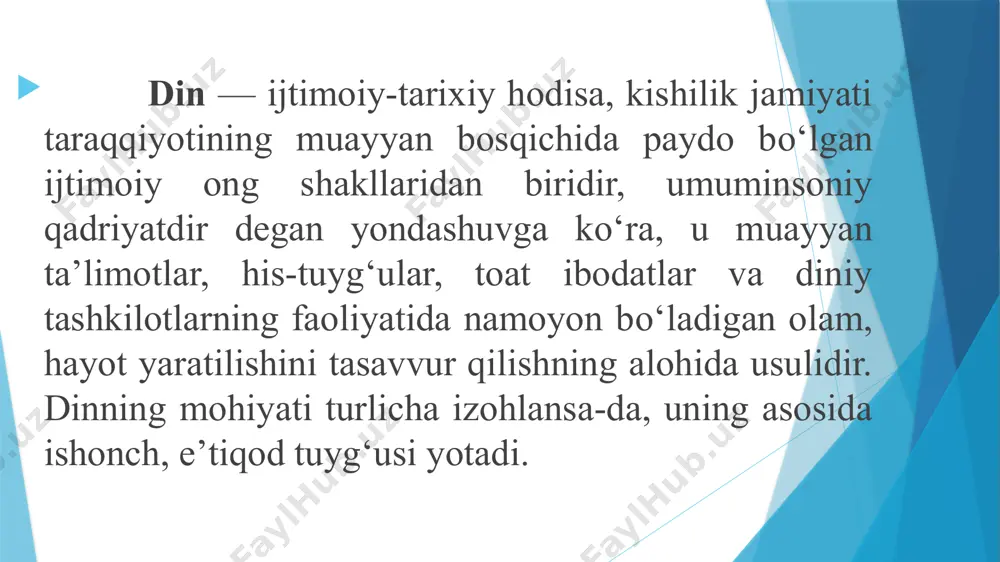 di, demak yoshlarga islom dining shaxs, oila, jamiyat hayotiga kirib borishi, madaniyat va ma’naviyatni boyitishga qo‘shgan xissasini, ijtimoiy hayotimizdagi o‘rnini ko‘rsatib berishdan iborat. dinning ijtimoiy funksiyalari birinchidan, har qanday din o‘z e’tiqod qiluvchilari uchun to‘ldiruvchilik, tasalli beruvchilik – kompensatorlik vazifasini bajaradi. ikkinchidan, muayyan din o‘z ta’limot tizimini vujudga keltirgach, o‘ziga e’tiqod qiluvchilar jamoasini shu ta’limot doirasida saqlashga harakat qilgan va hozirda ham shunday. bu ijtimoiy hodisa dinning birlashtiruvchilik – integratsion vazifa deb ataladi. uchinchidan, har bir din o‘z qavmlari turmushini tartibga solib, nazorat qiluvchilik regulyativ vazifani bajaradi. dinlar o‘z urf-odatlarining, marosim va bayramlarining qavmlari tomonidan o‘z vaqtida, qat’iy tartibga amal qilgan holda bajarilishini shart qilib qo‘yadi. to‘rtinchidan, din aloqa bog‘lashlik, birlashtiruvchilik – kommunikativ vazifani ham bajaradi, ya’ni har bir din o‘z qavmlarining birligini, jamiyat bilan shaxsning o‘zaro aloqadorlikda bo‘lishini ta’minlashga intiladi. beshinchidan, din vazifalarining falsafiy, nazariy jihatlari ham mavjud. bu vazifa insonga yashashdan maqsad, hayot mazmunini masalalariga o‘z munosabatini bildirib …