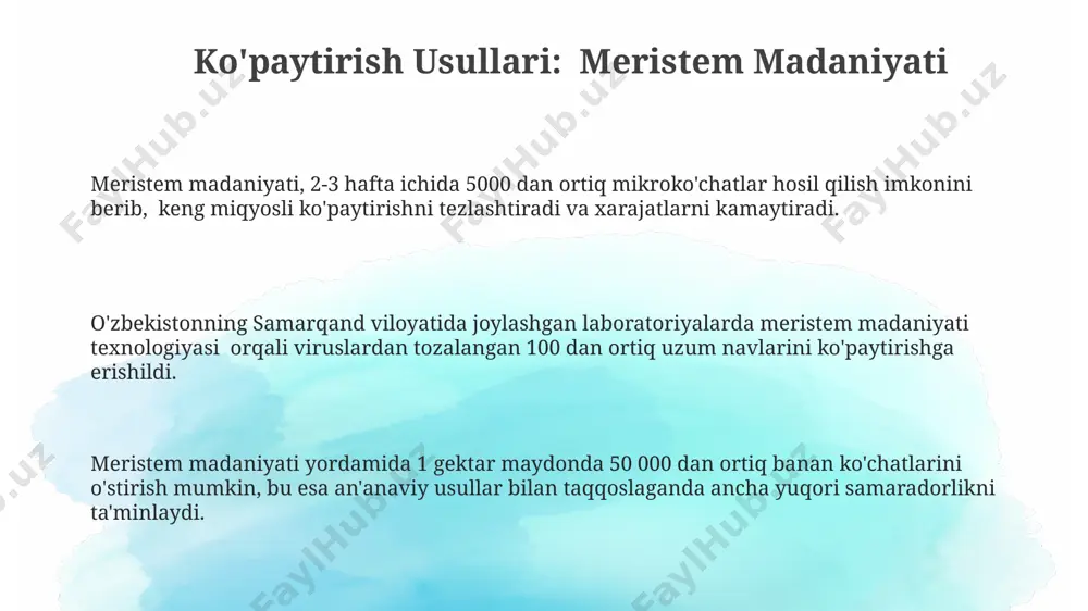 rajada yuqori samaradorlikni ta'minlaydi. ko'paytirish usullari: embriogenez hindiston sharoitida bananning in vitro ko‘paytirilishi natijasida embriogenez yordamida 2000 dan ortiq fide olindi, bu usulning keng miqyosda qo‘llanish imkoniyatlarini ko‘rsatadi. embriogenez jarayonida 100 mg/l 2,4-d konsentratsiyasida 7 kun davomida o‘stirilgan zigota hujayralari 30% dan ortiq regeneratsiya ko‘rsatkichiga ega bo‘lib, o‘zbekistonning qurg’oqchil hududlarida o‘simliklarni ko‘paytirishda qo‘llanilishi mumkin. somatik embriogenez orqali 50 ta turli navdagi kartoshka navlarini ko‘paytirishda, fransiya olimlarining tadqiqotlariga ko‘ra, 95% muvaffaqiyatli natijalar qayd etilgan, bu yuqori samaradorlikni bildiradi. ko'paytirish usullari: yaproq madaniyati yaprak madaniyati orqali 1 gektar maydonda 50 000 dan ortiq banan ko'chatlarini samarqand viloyatida muvaffaqiyatli ko'paytirish mumkin. to'qimalararo madaniyat usuli bilan bog'dorchilikda, masalan, uzum navlarini ko'paytirishda, 100% ga yaqin o'sish koeffitsiyentiga erishish mumkin. yaprak segmentlaridan olingan 300 dan ortiq klonlarni in vitro sharoitida ko'paytirish orqali, toshkentdagi laboratoriyada yangi navlarni yaratishga erishildi. o'simliklarni akklimatizatsiya qilish o'simliklarni akklimatizatsiya qilish jarayonida 20-30 kun davomida nisbiy namlik 90-95% va harorat 25-28°c oralig'ida saqlanadi, …