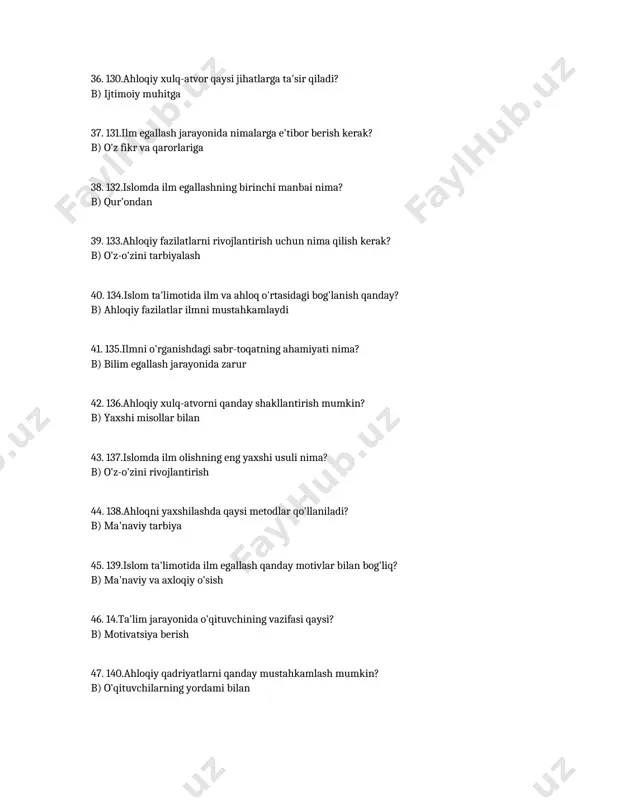 qanday usullar muhim? b) o'zaro munosabatlar 67. 159.g'arb pedagog-olimlarining o'qituvchi odobi qaysi jihatlarni o'z ichiga oladi? b) axloqiy me'yorlar va professionallik 68. 16.pedagogik jarayonni nazorat qilishda nimalar e'tiborga olinadi? b) o'quvchilarning yutuqlari 69. 160.qaysi olim o'qituvchining axloqiy mas'uliyatini ta'kidlaydi? b) henry giroux 70. 161.o'qituvchining odobi qanday qilib o'quvchilarga ta'sir ko'rsatadi? b) o'quvchilarda ijobiy munosabat va motivatsiya yaratadi 71. 162.g'arb pedagogikasida o'qituvchi uchun qaysi fazilatlar muhim? b) samimiyat, sabr va hurmat 72. 163.qaysi pedagog-olim o'qituvchining kommunikatsiya mahoratini muhim deb hisoblaydi? b) lev vygotsky 73. 164.o'qituvchining odobiga ta'sir qiluvchi omillardan biri nima? b) o'qituvchining shaxsiy qadriyatlari 74. 165.g'arb pedagogikasida o'qituvchining maqsadi qanday belgilangan? b) o'quvchilarni rivojlantirish va qo'llab-quvvatlash 75. 166.o'qituvchining ta'lim jarayonidagi roli qanday? b) o'quvchilarni rag'batlantiruvchi va yo'l-yo'riq ko'rsatuvchi 76. 167.g'arb pedagogikasi qanday o'qituvchi odoblarini rivojlantirishga e'tibor beradi? b) o'z-o'zini tarbiyalash va rivojlantirish 77. 168.o'qituvchining axloqiy me'yorlari qaysi jihatlardan iborat? b) halollik, adolat va samimiyat 78. 169.g'arb pedagogikasi o'qituvchiga qanday yondashuvlarni …