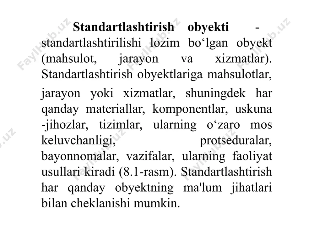 ishni texnikaviy, shu jumladan metrologik ta'minlash uchun zarur bo‘lgan umumtexnikaviy kattaliklar, talablar va me'yorlar. jumladan, bu standartlar o‘lchashlar aniqligining me'yorlarini, afzal sonlar, elektr tokining nominal chastotalarining qatorlari va kuchlanishlarining afzal qatorlari, joizliklar va o‘tqazishlar, zararli moddalarning chiqarib yuboriladigan eng katta joiz miqdori va ruxsat etilgan eng katta kontsentratsiyasi; shovqin, titranish, radiatsion nurlanish, radio shovqinning eng katta ruxsat etilgan darajasi; texnik estetika va ergonomika talablari va boshqa yagona texnikaviy talablar va (yoki) normalarni belgilaydi; - xavfli holatlarning guruhlari bo‘yicha va texnologik jarayonlarning alohida turlari bo‘yicha xavfsizlikning umumiy talablari; - atrof-muhitni muhofazalash va tabiiy boyliklardan foydalanishni yaxshilash sohasidagi umumiy talablar. asos bo‘luvchi standartlar barcha stt dagi, masalan, “konstruktorlik hujjatlarining yagona tizimi” (o‘z khyat), “texnologik hujjatlarning yagona tizimi” (o‘z.thyat), “mahsulot sifati ko‘rsatkichlari tizimi” (o‘zmskt), “sertifikatlashtirish milliy tizimi” (o‘z smt), “texnik-iqtisodiy, ijtimoiy axborotlarni tasniflash-kodlash yagona tizimi” (o‘z tiiatkyat), “o‘lchashlar birliligini ta'minlash davlat tizimi” (o‘z o‘dt), “mahsulot yaratish va ishlab chiqarishni tashkil qilish tizimi‘ (o‘z …