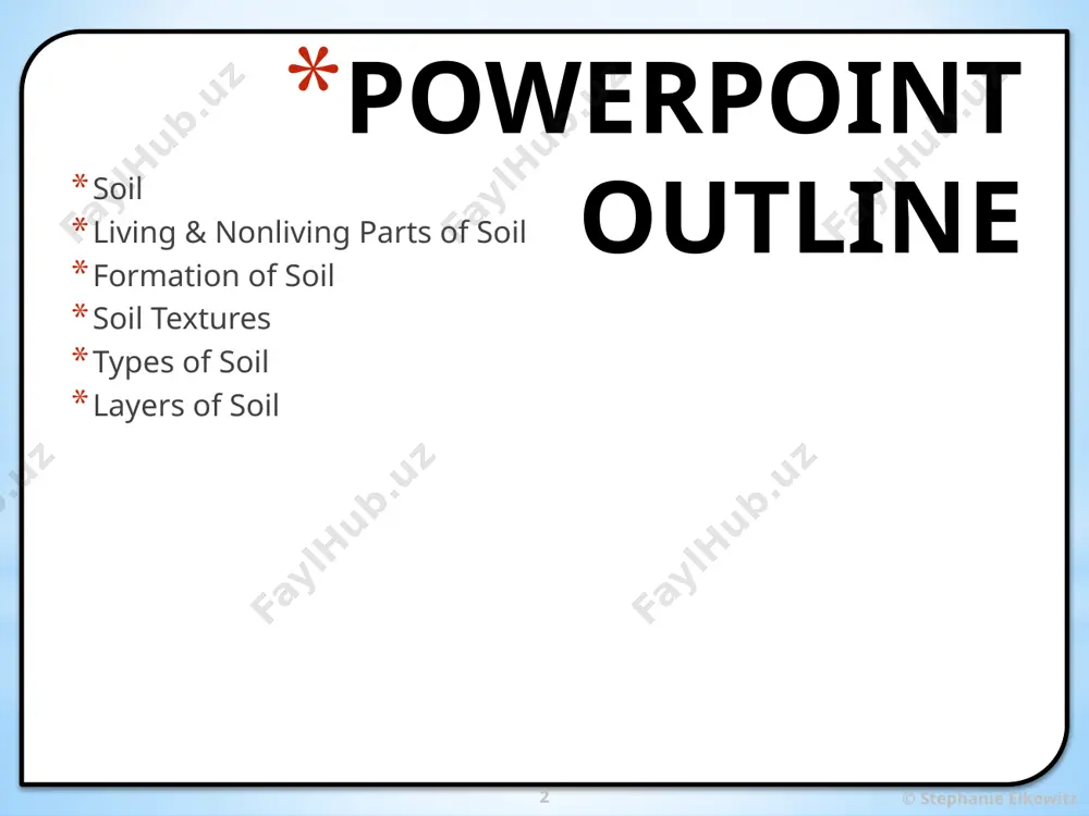 including the “ground” of oceans, lakes and other bodies of water. what is soil? soil, rocks & minerals © stephanie elkowitz 4 what is soil? soil is a mixture of minerals, water, air and organic matter that formed from decomposed remains of plants and animals and waste produced by living things. soil also includes living things such as microorganisms, fungi and insects. soil, rocks & minerals © stephanie elkowitz 5 what is soil? soil is important because: plants extract water and nutrients from soil and use soil to anchor themselves. organisms such as bacteria, fungi and animals live in soil. soil helps cycle nutrients and substances, such as carbon and nitrogen, in the environment. water precipitates to the ground and flows along earth’s surface. water seeps into the ground to form groundwater. soil filters and cleans the water. soil, rocks & minerals © stephanie elkowitz 6 parts of soil when …