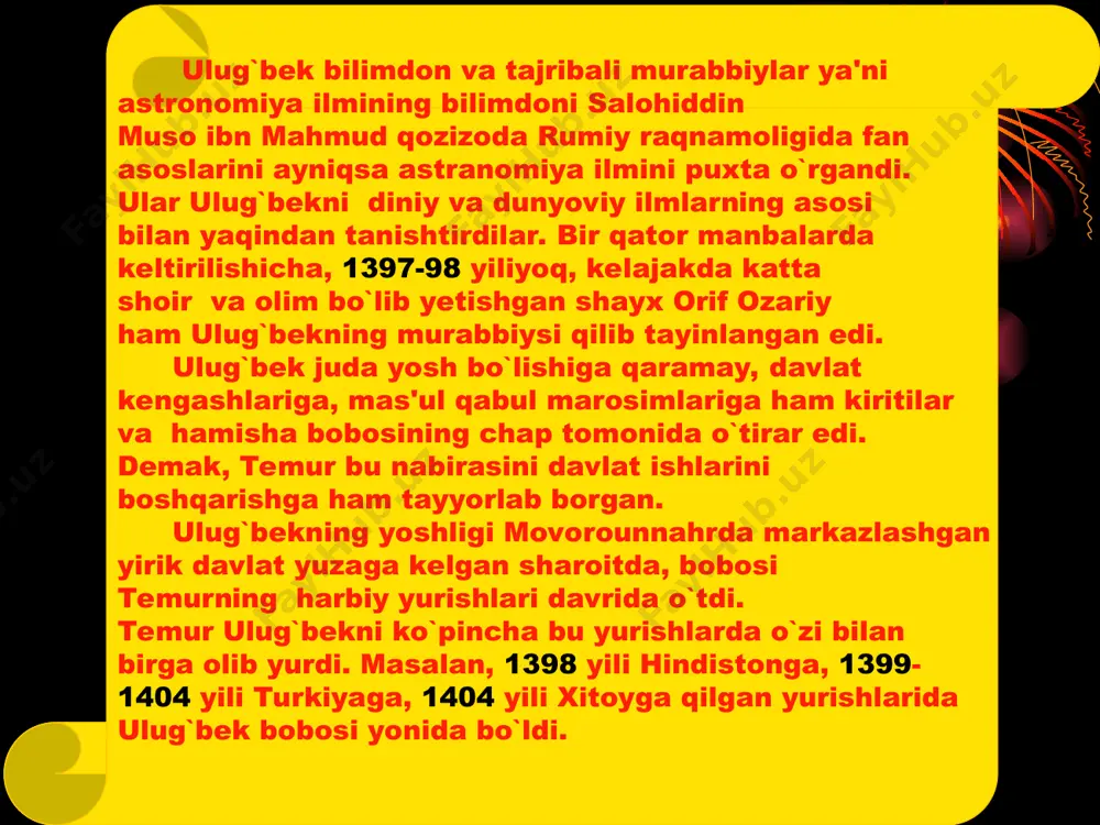 `lgan va o`z vatandoshlari ahmad farg`oniy,beruniy, ibn sino, xorazmiy kabi olimlarning asarlarini yaxshi o`rgangan. samarqanddagi ulug`bek madrasasi faqat oliy uquv yurtigina emas, rasadxona bilan birga olganda o`sha davrning akademiyasi ham edi. ulug`bekning ustozi zamonasining mashhur olimi, matematik va astronom qozizoda rumiy madrasa muallimlaridan biri bo`lgan. ulug`bekning o`zi ham astronomiyadan dars bergan,qiyosiddin jamshid koshiy, muyniddin, mansur koshiy, muhammad birjoniy ulug`bek maktabining taniqli astronomlari edilar. ulug`bek olib borgan ilmiy ishlarida unga yaqindan yordam bergan shogirdlaridan biri ali qushchidir. samarqanddagi me'morchilikning nodir namunalaridan biri ulug`bek rasadxonasidir. bu inshoot ulug`bek farmoyishi bilan 1428-29 yillarda kuhak (cho`ponota) tepaligida obirahmat arig`i buyida bunyod etilgan. rasadxona silindr shaklida uch qavatli, balandligi 30,4 metrdan iborat ulkan bino bo`lgan. rasadxona o`rta asrlarda asbob-uskunasi jihatidan ham beqiyos bo`lgan. sharq astronomiyasida muhim ahamiyatga ega bo`lgan "ziji jadidi kuragoniy" asari ham shu yerda yaratilgan. boburning yozishicha, ulug`bek rasadxonasining sirti qoshin va chiroyli bezaklar bilan bezatilgan. uning katta zallari va katta-kichik xonalari bo`lgan …