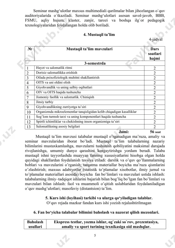 ng boblari va mavzularini o’rganish; tarqatma materiallar boyicha ma’ruza qismlarini o’zlashtirish; maxsus adabiyotlar (statistik to’plamalar xisobotlar, ilmiy jurnal va to’plamalar materiallari asosida) boyicha fan bo’limlari va mavzulari ustida ishlash: talabalarning ilmiy–tadqiqot ishlarini bajarish bilan bog’liq bo’lgan fan bo’limlari va mavzulari bilan ishlash: faol va muammoli o’qitish uslublaridan foydalaniladigan o’quv mashg’ulotlari; masofaviy (distantsion) ta’lim. 5. kurs ishi (lоyihаsi) tаrkibi vа ulаrgа qo‘yilаdigаn tаlаblаr. o‘quv rеjаdа mаzkur fаndаn kurs ishi yozish rеjаlаshtirilmаgаn 6. fan bo‘yicha talabalar bilimini bаhоlаsh va nazorat qilish mеzоnlаri. baholash usullari ekspress testlar, yozma ishlar, og`zaki so`rov, prezentasiya, amaliy va sport turining texnikasiga oid mashqlar. baholash mеzоnlаri 86-100 ball “a`lo” talaba fanning ahamiyati, jismoniy, psixologik salomatlik asosida soglom turmush tarzi ko`nikmalarini o`rganish, organizmning reproduktiv vazifalari bilan tanishgan, bundan tashqari shaxs va millat salomatligini saqlash va mustahkamlash haqida to`liq bilimga, shuningdek mavzuni o`qitishda zaruriy uslubiy savollarga to`liq javob bersa, shuningdek yangi pedagogik texnologiyalar asosda mavzuni o`qitish metodikasini chuqur egallasa, material …