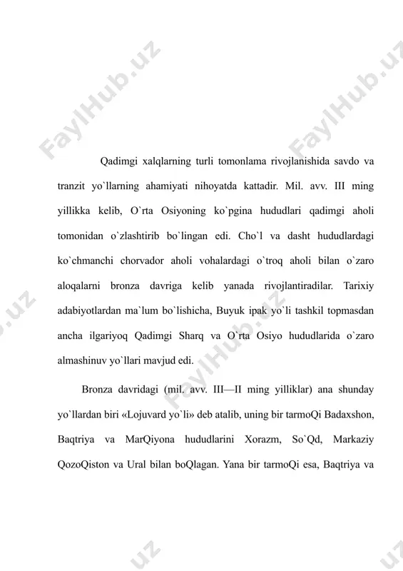 riyaga ipakchilik kirib keldi. karvon yo`li rivojlanib borgan sari savdog`sotiq va madaniy aloqalar rivojlanib bordi. kushonlar va eftalitlar davriga kelib (ig`vi asrlar), o`rta osiyo orqali o`tuvchi ipak yo`li tarmoqlari nazoratini mahalliy so`qdiy aholi qo`lga oladilar. qo`shni davlatlar ham ipak yo`lidan manfaatdor bo`lganligi sababli ilk o`rta asrlarda eron va vizantiya hukmdorlari so`qdiylar bilan qonli kurashlar olib bordilar. milodning boshlarida qadimgi dunyoning ilqor madaniyatli davlatlari asosan to`rttaga: rim, parfiya, xitoy va kushon davlatlariga bo`linar edi. o`arbda britan orollaridan sharqda tinch okeani sohillarigacha cho`zilgan bu zabardast saltanatlar insoniyat tarixida birinchi bo`lib «buyuk ipak yo`li» deb nomlanuvchi yo`l bilan boqlandilar. ipak yo`li rivojlanib borgan sari podsholarning o`zaro elchilar yuborishlari, birg`birlariga har xil sovqalar in`om etishlari an`anaga aylandi. savdog`sotiq misli ko`rilmagan darajada rivojlanib bordi. shuningdek, sharq bilan o`arb madaniyatining birg`biriga ta`siri kuchaydi. davlatlar rivojlanishidagi ko`plab madaniy o`xshashliklar ham shu tufayli yuzaga keldi. buyuk ipak yo`li bo`ylab ko`plab karvonsaroylar, shaharlar barpo etildi. bu yo`ldan borayotgan savdogarlar …
