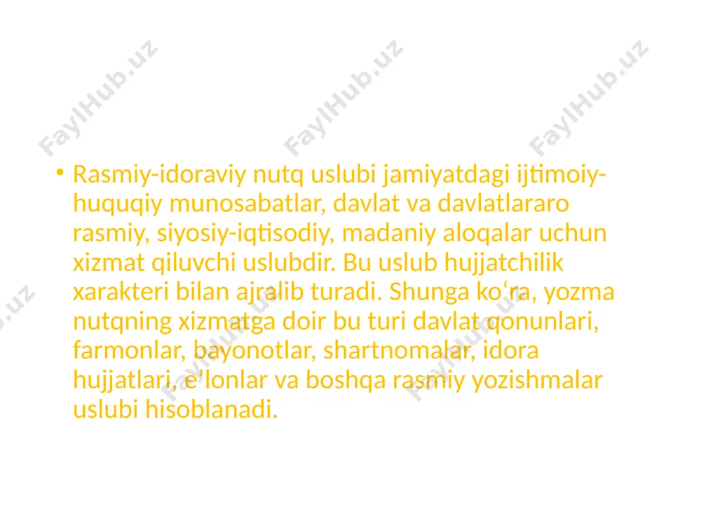 shni unutmang: - bosma harflarda yoziladigan hujjat nomida barcha harflar katta harflar bilan yozilishi kerak. masalan: tavsiyanoma emas, tavsiyanoma kabi; - hujjat yuboriladigan muassasaning nomi qisqartirilmasdan to’liq, bosh harflar bilan yozilish qoidalariga amal qilgan holda yoziladi hujjat matnining asosiy qismlari xatboshi bilan yozilishi lozim. qo‘shimcha qismlar asosiy fikrga bog‘langan tarzda undan so‘ng beriladi; - shaxsiy hujjatlarda izohlanayotgan «men» so‘zidan va izoh so‘z birikmasidan so‘ng vergul qo‘yiladi. masalan: men, mahmud qodirov, ... hujjat tayyorlash va ish yuritishda imlo me’yorlariga va tinish belgilarining to‘g‘ri qo‘yilishiga qat’iy amai qilish lozim. hujjat matnida vergul, nuqtali vergul, ikki nuqta, qavs, tire nisbatan faol ishlatiladi. unutmangki, hujjat nomi va matn sarlavhasidan keyin nuqta qo‘yilmaydi. vergul hujjat matnida qoliplangan kirish birikmalaridan so‘ng, uyushiq va ajratilgan bo‘laklar, orasida, izohlovchi bilan izohlanmish o‘rtasida qo‘llanadi. yozma nutqning rasmiy uslubida, asosan, quyidagi munosabatlar doirasidagi hujjatlar tuziladi: 1. huquqiy munosabatlarga oid: qonun fuqarolik va jinoyat aktlari, nizom, shartnoma va boshqalar. 2. idoraviy-ma’muriy …