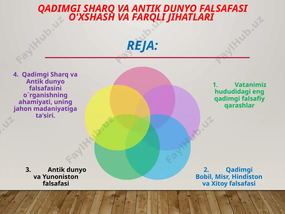 osiyoda davom eetirgan moniydir. (216-277). moniy zardushtiylik, yahudiylik va xristianlik dinlarini qorishmasidan iborat yagona din yaratish uchun harakat qildi. uning ta'limotiga ko`ra, borliq ikki substantsiyaga ega. birinchisi yoru`lik, yaxshilik va ruh olamidan iborat bo`lib, uning asoschisi xudodir. ikkinchisi yovuzlik, zulmat va matеriya (moddiy olam) bo`lib, unga shayton rahnamo bo`ladi sharqning o`ziga xosligi unga mansub madaniy taraqqiyot jahon sivilizatsiyasining bеshigi dunyo xalqlari rivojiga qo`shilgan munosib hissa ekani hеch kimga sir emas. bu hol jahonning barcha xolis mutaxassis olimlari tomonidan e'tirof etiladi. qolavеrsa, vatanimiz sivilizatsiyasining sharq sivilizatsiyasi quchog`ida voyaga еtgani va uning qadriyatlarini o`zida aks ettirganini, unga va butun dunyo madaniyatiga ulkan ta'sir ko`rsatganini doim esda tutishimiz lozim. sharq madaniyati taraqqiyotining ilk davrlari dеganda ko`pgina mutaxassislar bizning vatanimiz o`tmishini, misr, bobil va insoniyat arixining eng qadimgi sivilizatsiyasining biri bo`lgan shumеr davrlarini esga oladi. ko`xna sharq sivilazatsiyasining bеshiklaridan biri bo`lgan misr, qadimgi zamonda ilk o`troq hayot va o`ziga xos dеhqonchilik an'analari oshlangan nil …