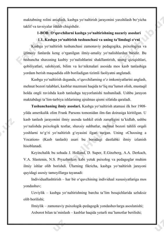 doirasiga kiritilgan. u kasb tanlash jarayonini ilmiy asosda tashkil etish zarurligini ta’kidlab, ushbu yo‘nalishda psixologik testlar, shaxsiy suhbatlar, mehnat bozori tahlili orqali yoshlarni to‘g‘ri yo‘naltirish g‘oyasini ilgari surgan. uning «choosing a vocation» (kasb tanlash) asari bu boradagi dastlabki ilmiy izlanish hisoblanadi. keyinchalik bu sohada j. holland, d. super, e.ginzberg, a.a. derkach, v.a. slastenin, n.s. pryazhnikov kabi yetuk psixolog va pedagoglar muhim ilmiy ishlar olib borishdi. ularning fikricha, kasbga yoʻnaltirish jarayoni quyidagi asosiy tamoyillarga tayanadi: individuallashtirish – har bir o‘quvchining individual xususiyatlariga mos yondashuv; uzviylik – kasbga yo‘naltirishning barcha taʼlim bosqichlarida uzluksiz olib borilishi; ilmiylik – zamonaviy psixologik-pedagogik yondashuvlarga asoslanishi; axborot bilan ta’minlash – kasblar haqida yetarli ma’lumotlar berilishi; faollikni oshirish – o‘quvchilarning o‘zini anglashini rag‘batlantirish. kasbga yo‘naltirish va unga oid tushunchalarning o‘zaro farqi. ko‘pincha kasbga yo‘naltirish tushunchasi boshqa atamalar bilan aralashtirib yuboriladi. ular orasida eng ko‘p uchraydiganlari quyidagilar: kasb tanlash – bu shaxsning ma’lum bir kasbga ongli ravishda qaror qilishi …