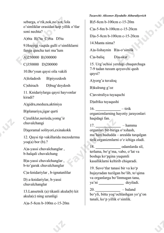 o‘ljasini pana joyda poylab, to‘satdan tashlanadi. suvsarsimonlarning boshi kichik, oyoqlari kalta, tanasi ingichka bo‘ladi. bu oilaga bo‘rsiq, suvsar, qunduz, olaqo‘zan, latcha va norka kiradi. ayiqsimonlar oilasiga oqayiq, qo‘ng‘ir ayiq kiradi. qo‘ng‘ir ayiq o‘simlik va hayvonlar bilan oziqlanadi. oqayiq arktikada yashaydi. uning og‘irligi bir tonnaga yaqin, suvda yaxshi suzadi, asosan tyulen va baliqlar bilan oziqlanadi. 2. rasmda berilgan hayvonlarga sistematikada o‘z o‘rnini topishda yordam bering. har bir hayvonni o‘zi mansub guruhlarga joylashtiring. uy mushugi bilan boshqa hayvonlarning o‘zaro qarindoshligining yaqin yoki uzoqligi haqida guruhda muhokama qiling. muhokama qiling va xulosa chiqaring: ___________________________________________________________________________________________________________________________________________________________________________________________________________________________________________________________________________________________________________________________ labaratoriya mashg’uloti o’tkazilgan sana________________________ laboratoriya mashg‘uloti 1. kattalashtirib ko‘rsatuvchi asboblar maqsad: lupa va mikroskop tuzilishi, ishlash mexanizmi bilan tanishish. bizga kerak: lupa, mikroskop, jadvallar, ishlash qoidalari. xavfsizlik qoidalari: 1. laboratoriya va amaliy mashg‘ulotlarni o‘qituvchingiz nazorati ostida bajaring. 2. kerakli jihozlarni topib, stol chetidan 10 cm uzoqlikda tartib bilan qo‘ying. ortiqcha narsalarni olib tashlang. 3. asboblarning sozligini, idishlarning butunligini tekshiring. …