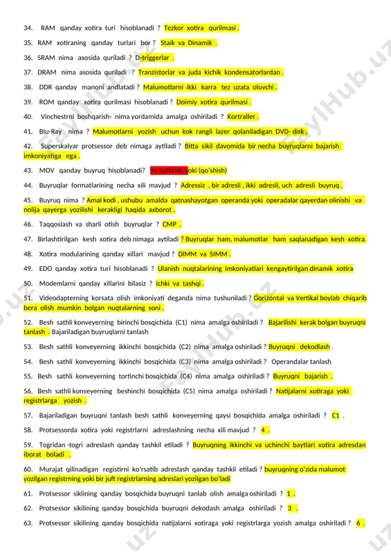 jaradi. 23. registrlar qanday qurilma? protsesor ichki tezkor xotirasi. 24. shina turlari to’g’ri korsatilgan javobni belgilang ? pci , isa . 25. video karta qanday vazifani bajarib beradi ? monitordagi malumotlarni hosil qiladi. 26. doimiy saqlovchi qurilma nomi tanlang ? vinchestir. 27. monitor qaysi portturi orqali boglanadi ? vga. 28. zamonaviy kompyuterlarning registr razryadlari soni nechiga teng ? 64. 29. axborotlarni kompyuterga kirtivchi quruilmani toping ? klaviatura. 30. asembler qanday dasturlash tili hisoblanadi ? quyi dasturlash tili. 31. add buyrugi qanday amalni bajaradi ? arifmetik qoshish . 32. bir bitli xotira elementini korsating ? triger. 33. ventillar nima asosida quriladi ? tranzistorlar. 34. ram qanday xotira turi hisoblanadi ? tezkor xotira qurilmasi . 35. ram xotiraning qanday turlari bor ? staik va dinamik . 36. sram nima asosida quriladi ? d-triggerlar . 37. dram nima asosida quriladi ? tranzistorlar va juda kichik kondensatorlardan . 38. ddr qanday manoni andlatadi ? …