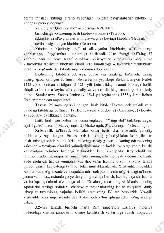 qonunlarini o‘zida jamlagan muqaddas kitoblar majmuasidir.uning tarkibiga kirgan yahudiy diniga taalluqli kitoblar «qadimiy ahd» deb, xristian ta’limotiga tegishli kitoblar «yangi ahd» deb nomlanadi. yahudiy va xristian bibliyalari bir-biriga mos kelmaydi. yahudiylarning muqaddas kitobi qadimiy isroil va qadimiy yahudiylarning diniy ta’limot va urf-odatlari asosida eramizdan avalgi xiii asrda yozilgan bo‘lsa, xristianlarning kitobi esa eramizning boshlarida vujudga keldi. yahudiylar xristianlarning kitobini muqaddas kitob sifatida tan olmaydilar. xristianlar esa yahudiylarning kitobini muqaddas kitob sifatida tan oladilar. bibliya so‘zining grekchadan tarjimasi biblia - kitob, o‘ram ma’nolarini anglatadi. hozirgi bibliya katolik nashrlarida 72 ta kitobdan, protestant nashrlarida esa 66 kitobdan iborat. yahudiylarning yana bir diniy manbasi “talmud” ning xabar berishicha “qadimiy ahd” da 24 ta kitob bo‘lishi kerak. qadimiy yahudiy tarixchisi iosif flaviyning aytishicha 22 ta kitob bo‘lishi kerak. protestantlar va yahudiylar, trident soboridan keyin (1545-1563) katoliklar ham “qadimiy ahd” tarkibiga 45 ta kitob kiritadilar. bu son bilan yuqorida keltirilgan son o‘rtasidagi tafovutni keyinchalik ba’zi …