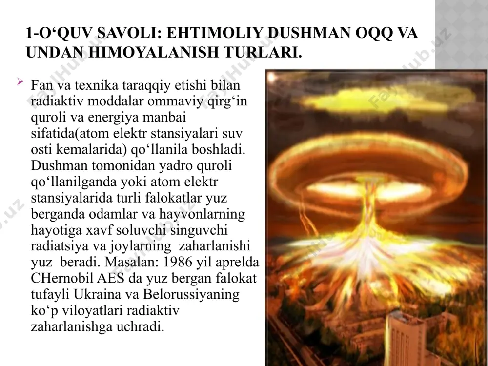 ishi, ovqat hazm qilish yo‘llari, teri va ko‘zi orqali ta’sir qilishi mumkin. bakteriyaviy qurol - shikast etkazuvchi ta’siri kasallik keltirib chiqaruvchi mikroblarning xususiyatlaridan foydalanishga asoslangan yalpi qirg‘in qurolidir. dushman tomonidan bakteriyaviy qurol belgilari: bomba va snaryadlarning portlashidagi g‘ayrioddiy ovozlar; joylarda kukunsimon moddalarning paydo bo‘lishi; tushgan konteynerlar, yorilgan snaryadlar atrofida mayda zararkunandalarni g‘ayri oddiy paydo bo‘lishi; odamlarning, hayvonlarning g‘ayrioddiy ommaviy kasallanishi. yuqumli kasalliklarni keltirib chiqaruvchi kuydirgi, o‘lat, chechak (chinchechak va suvchechak), vabo, tulyaremiya, oqsim, toshmali terlama va ichterlama, zamburug‘li kasallik - mikaz va boshqa kasalliklarni qo‘zg‘atuvchilari hisoblanadi. odamlarga yuqumli kasalliklarni qo‘zg‘atuvchi mikroorganizmlar nafas orqali, mikroblarni shilliq pardalarga tushishi orqali, ovqat orqali, zararkunandalarni chaqishi orqali, kasal odam bilan muloqot qilganda yuqadi. yuqumli kasallik tarqalgan joyda karantin o‘rnatiladi. bakteriyaviy quroldan himoya usullariga qo’yidagilar kiradi: kasalliklarga qarshi mahsus va shoshilinch kurashda ishlatiladigan vaksinazardob preparatlari, antibiotiklar, sulfanilamid va boshqa dorivor moddalar; individual va jamoaviy himoya vositalaridan foydalanish. aerozol (tutun) lar o‘z bo‘linmalarini niqoblash, shuningdek dushman …