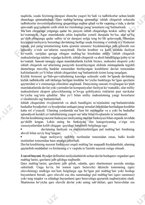 tlaridan foydalanishi mumkin bo‘lgan barcha avlodning zimmasiga yuklash oqilonadir. o‘z navbatida, moliyalashtirish manbalarini vaqt nuqtai nazaridan uzaytirish (cho‘zish) o‘sha muddatga zayomlar chiqarish yo‘li bilan ta’minlanishi mumkin. bu holda maktab yoki kutubxona qurayotgan avlod keyingi avlod bilan bir xil moliyaviy yukni o‘z yelkasida ko‘tarishiga erishiladi. chunki bu holda ular tomonidan to‘-lanadigan soliqlar hisobidan asosiy qarz, ular bo‘yicha foizlar ham qaytariladi. shunday qilib, davlat krediti taqsimlash funksiyasining ijobiy ta’siri natijasida, vaqt nuqtai nazaridan, soliq yuki og‘irligining nisbatan tekisroq taqsimlanishiga erishiladi. davlat qarzlari hisobidan harajatlarni moliyalashtirish davrida olinayotgan soliqlar miqdori oshmaydi va uning og‘irgi ortmaydi. aks holda, ya’ni harajatlarni moliyalashtirishga davlat tomonidan qarzga olingan mablag‘lar jalb qilinmasa, bu narsani, boshqa sharoitlar teng bo‘lgan taqdirda, faqat soliqlar miqdorini oshirish va uning og‘irligini orttirish evaziga moliyalashtirish mumkin. shuning uchun ham olingan kreditlar qaytarilayotgan paytda soliqlar ularni to‘lash uchun olinmasdan, balki qarzlar bo‘yicha foizlarni qaytarish uchun ham olinadi. davlat qarziga xizmat qilish va uni qaytarish bilan …