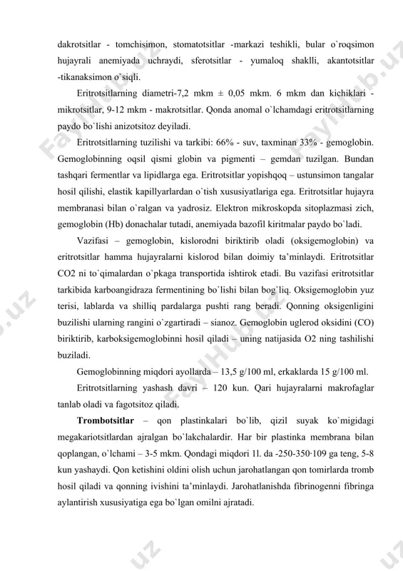 xsus donachalardan va organellardan hosil bo`lgan donador qism. ultrastrukturasi: sitoplazmada mitoxondriyalar, golji kompleksi, ribosomalar, glikogen mavjud. trombotsitning markaziy qismida turli donachalar uchraydi. chekka qismida esa mikronaychalar va filamentlar joylashadi. bo`ylama kesmalarda mikronaychalar bevosita hujayra membranasi ostidan va unga parallel ravishda o`tadi, taxmin qilinishicha ular plastinka shaklini hosil qiladi. filamentlar ivitmalarini retraksiyasida ishtirok etishi mumkin. trombotsitlar periferik qismlarida membrana kanallari sistemasi mavjud. ular yuza bilan bog`langan (ko`ndalang kesmalarda pufakchalar), chuqurroqda esa zich naysimon sistemali naychalari joylashadi. trombotsitlarda 4 xil donacha farqlanadi: alfa -, delta-, lambda, va mikroperoksisomalar. alfa – donachalar – yaxshi bo`yaladigan, yorug`lik mikroskopida aniq ko`rinadi, ular membrana bilan bog`langan, turli oqsillar saqlaydi; masalan, fibronektin, fibrinogen, o`sish omili, tromboplastin va boshqa. delta donachalar – zich tanachalar – yuqori elektron zichlikka ega, ularning soni hujayradagi serotoninning miqdoriga bog`liq. bundan tashqari ca, atf, adf, gistamin tutadi. lambda donachalar – lizosomalar hisoblanadi, lizosomal fermentlar saqlaydi. mikroperoksisomalar – kam miqdorda peroksidaza saqlaydi. bundan tashqari, …