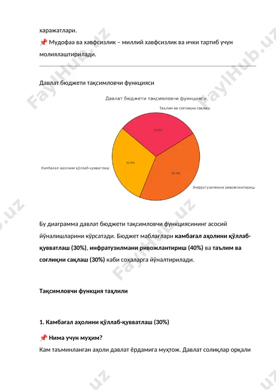 siyaga qarshi kurash (10%) · davlat xarajatlarini shaffoflashtirish va byudjet mablag'larining noo'rin ishlatilishini oldini olish uchun korruptsiyaga qarshi choralar ko'riladi. · davlat tashkilotlari va mansabdor shaxslar faoliyati monitoring qilinadi. 2. nazorat funktsiyasining ahamiyati 📌 byudjet xarajatlarining shaffofligini ta'minlash · barcha xarajatlar davlat va jamoatchilik uchun oshkora bo'lishi kerak. 📌 samarali moliyaviy boshqaruv · davlat mablag'lari joyida sarflanishini ta'minlash uchun byudjet monitoringi olib boriladi. 📌 iqtisodiy o'sishni ta'minlash · investitsiyalarni samarali boshqarish orqali iqtisodiy rivojlanishga ijobiy ta'sir ko'rsatish mumkin. 📌 korruptsiyaga qarshi kurash · davlat xarajatlarining noqonuniy ishlatilishini oldini olish orqali byudjet samaradorligini oshirish mumkin. xulosa davlat byudjeti nazorat funktsiyasi moliyaviy barqarorlik, ijtimoiy xarajatlarni nazorat qilish, iqtisodiyot monitoringi, byudjet samaradorligini baholash va korruptsiyaga qarshi kurash kabi muhim yo'nalishlarni o'z ichiga oladi. bu yo'nalishlar davlat xarajatlarini to'g'ri yo'naltirish va byudjet mablag'laridan samarali foydalanishni ta'minlashda asosiy rol o'ynaydi. ​ davlat byudjeti raqobatbardoshlikni oshirish funktsiyasi tahlil: davlat byudjeti raqobatbardoshlikni oshirish funktsiyasi yaratilgan aylanma diagramma …
