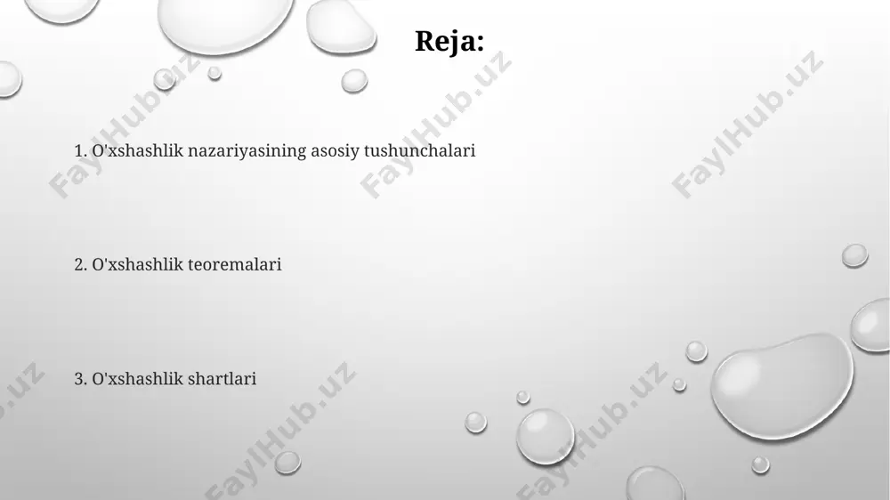 ashlik nazariyasi suyuqliklar mexanikasi, masalan, 100 m chuqurlikdagi suv oqimini 10 m chuqurlikdagi modeli yordamida o'rganishda qo'llaniladi va bu reynold soni kabi o'lchovsiz parametrlarga bog'liq. o'zbekistonning sirdaryo viloyatida suv oqimining dinamik o'xshashligini o'rganishda, 2 ta turli sharoitdagi oqimlarning geometrik va kinematik o'xshashligini ta'minlash uchun, maqomlarning nisbati 1:5 ga teng bo'lishi kerak. geometrik o'xshashlik geometrik o'xshashlikda ikki geometrik figura 1:2 nisbatida o'xshash bo'lsa, ularning mos keladigan tomonlari uzunliklari 2 marta farq qiladi va maydonlari esa 4 marta farq qiladi, masalan, toshkentdagi ikkita binoning modellari. geometrik o'xshashlik teoremasi uchburchaklar uchun qo'llaniladi, agar ikkita uchburchakning mos keladigan burchaklari teng bo'lsa (masalan, 30°, 60°, 90°) va ularning tomonlarining nisbati doimiy bo'lsa, unda bu uchburchaklar o'xshash hisoblanadi. samarqanddagi tarixiy binolarning o'lchamlari shu teorema asosida hisoblangan bo'lishi mumkin. geometrik o'xshashlikni aniqlashda 3 o'lchovli fazoda joylashgan ikkita figura o'rtasidagi masshtab koeffitsienti muhim rol o'ynaydi. masalan, xorazmda joylashgan ikkita piramida modelining masshtab koeffitsiyenti 1:100 bo'lsa, kattaroq piramidaning hajmi …