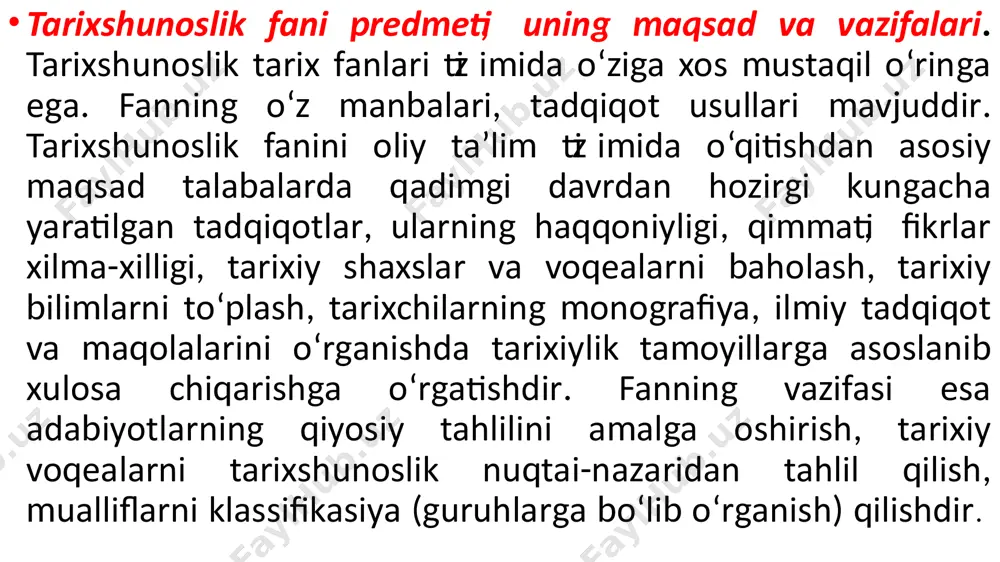 a bizning kunlarda qanday tadqiq etilganligini tahlil etadi. tarixshunoslik tushunchasi ikki ma’noda qo‘llaniladi: 2. muayyan tarixiy davrga yoki muammoga bag‘ishlangan tarixiy tadqiqotlar majmuasi ma’nosida (masalan, hozirgi davrda istorigrafiya). 1. tarixiy bilimlar taraqqiyoti va tarixiy tadqiqot usullariga doir fan ma’nosida. 2. muayyan tarixiy davrga yoki muammoga bag‘ishlangan tarixiy tadqiqotlar majmuasi ma’nosida (masalan, hozirgi davrda istorigrafiya). tarixshunoslik tarixiy bilimlar taraqqiyotini, muayyan tarixiy bosqichda yaratilgan yoki ma’lum bir muammoga bag’ishlangan tarixiy tadqiqotlarni o’rganadi va tahlil qiladi. tarixshunoslik nafaqat tarix, balki maxsus tarix fanlari (masalan, sharqshunoslik, etnologiya, arxeologiya va boshqalar) tarixi bilan ham shug’ullanadi. tarixshunoslikning asosiy vazifasi tarix fani rivojini chuqur va har tomonlama xolisona o‘rganish, muayyan taraqqiyot davrida to’plangan tarixiy bilimlarni tahliliy tadqiq etishdan, amalga oshirilgan ishlarning natijasini chiqarishdan hamda shu asosda tadqiq etilgan dolzarb muammolarni aniqlab, kelgusi tadqiqotlarning yunalishlarini belgilashdan, tarixchilarni muayyan tarixiy ilmiy muammo doirasidagi adabiyotlarga yunaltirishdan iborat. tarixshunoslik shuningdek, fan taraqqiyotida o’z o’rniga ega bo’lgan ilmiy tarixshunoslik markazlari tarixini, unda …