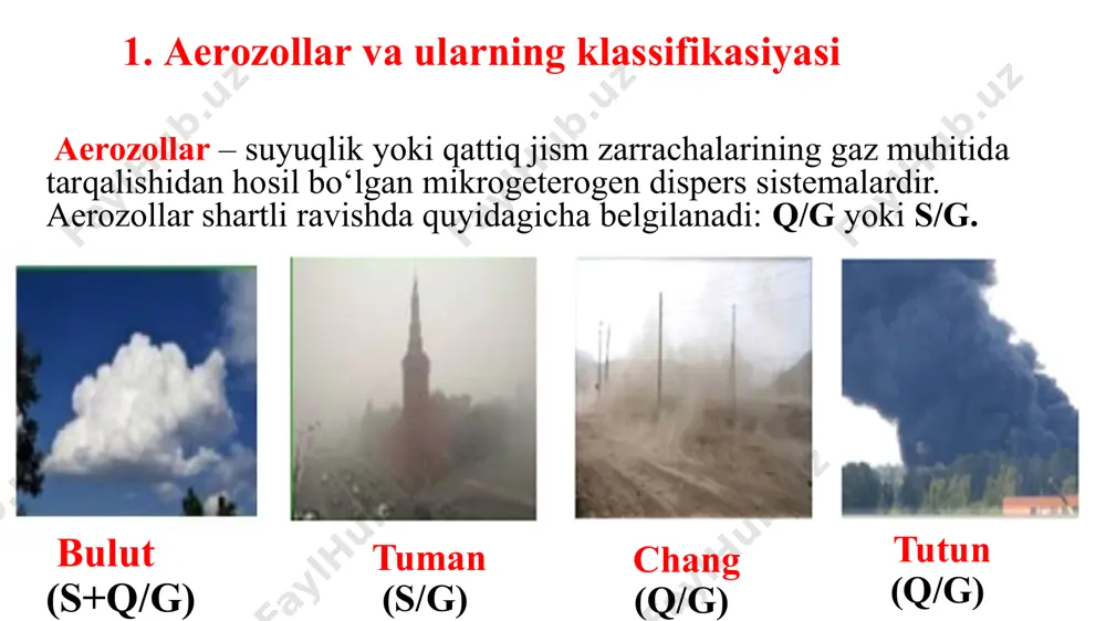 sovuq havoda namlikning kondensatsiyasi natijasida yuzaga keladigan tabiiy hodisa. tumanning shakllanishi namlik darajasining oshishiga va atrof-muhit haroratining pasayishiga yordam beradi. odamlar xuddi shunday ta'sirni sun'iy ravishda, tumanlash tizimi deb nomlanuvchi iqlim texnologiyasidan foydalangan holda olishni o'rgandilar. tabiiy jarayonga taqlid qiluvchi ushbu maxsus qurilma kundalik hayotda va sanoat sohasida talabga ega. tumanlash tizimi orqali olingan tuman quyidagi vazifalarni bajarishga xizmat qiladi: ●issiq mavsumda va tabiiy sovutish imkoniyati bo'lmaganda, turar-joy binolarida havo haroratini pasaytirish. ●xonadagi namlik foizini qulay darajaga ko'tarish. ●yashash va ish xonalaridagi havoni chang va allergenlardan tozalash. ●yoqimsiz hidlarni bartaraf etish. ●uchib yuruvchi hasharotlardan qutulish. ●ochiq havoda dekorativ tumanli vizual effekt yaratadi. aerozollarning optik xossalari • aerozollarning optik xossalari liozollarning optik xossasi bo‘ysungan qonuniyatlarga bo‘ysunadi. ammo aerozolda bu qonuniyatlar aniq kuzatiladi. • yorug‘lik nurining aerozollar bilan ta‘sirlashuvi zarrachalarning o‘lchami d va yorug‘lik to‘lqin uzunligiga bog‘liq bo‘ladi. aerozollar uchun yorug‘likning sochilishi va yutilishi xos. aerozollarning elektrik xossalari • aerozollarda zarrachalarning xossalari …