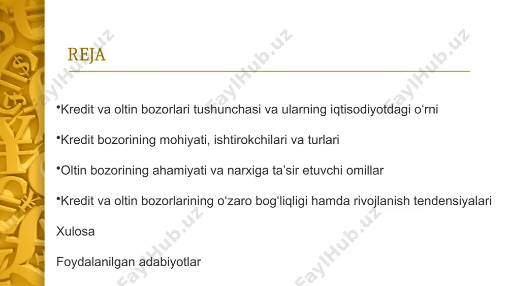 ishdir. bunda ortiqcha mablag‘ga ega bo‘lgan tomonlar uni foyda evaziga qarzga beradi, mablag‘ga ehtiyoji bor tomonlar esa ushbu resurslardan foydalanadi. kredit bozori iqtisodiy o‘sish va barqarorlikning eng muhim omillaridan biridir. u orqali ishlab chiqarish jarayonlari moliyalashtiriladi, yangi ish o‘rinlari yaratiladi, tadbirkorlik faoliyati kengayadi hamda investitsion muhit yaxshilanadi. shuningdek, kridir bozori pul-kredit siyosati mexanizmlarining samarali ishlashida ham asosiy rol o‘ynaydi. markaziy bank tomonidan belgilangan foiz stavkalari, kredit hajmlari va muomaladagi pul miqdori butun iqtisodiyotning holatiga bevosita ta’sir ko‘rsatadi. kridir bozori rivojlangan mamlakatlarda iqtisodiy jarayonlarni tartibga solishning muhim vositasi sifatida xizmat qiladi, chunki u kapitalning tez aylanishi va pul oqimlarining erkin harakatlanishini ta’minlaydi. oltin bozori esa tarixan qadimiy va strategik ahamiyatga ega bo‘lgan moliyaviy tizimdir. oltin bozori – bu oltinni sotib olish, sotish, saqlash va unga investitsiya kiritish bilan bog‘liq iqtisodiy munosabatlar majmuasidir. oltin qadimdan insoniyat uchun eng barqaror qiymat o‘lchovi va boylik manbai hisoblanib kelgan. hozirgi kunda ham oltin global moliyaviy …