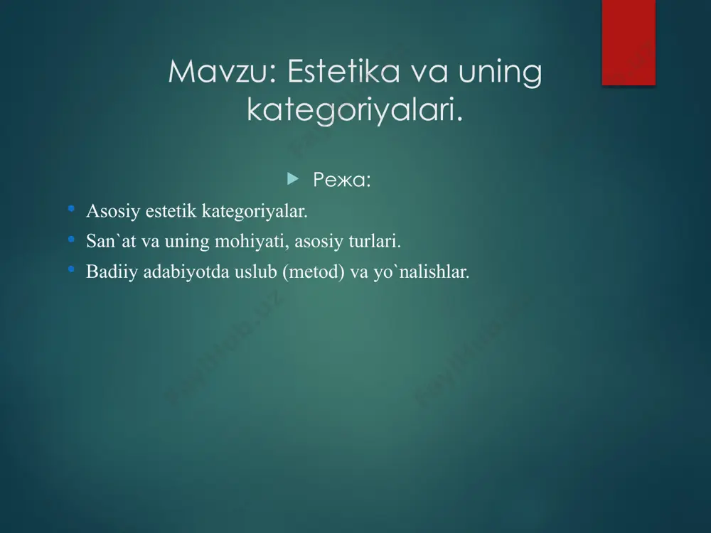 statik) san`atiga: arxitektura, haykaltaroshlik, rassomlik, grafika. vaqt (dinamik) san`tiga: musiqa, badiiy adabiyot vaqt makon (sintetik) san`atiga: kino, teatr, tsirk, opera. hilma-hil turlarga bo`linishiga sabab sanhatning sanhatning bir turi voqelikni to`la ifodalab bera olmaydi. ularning har biri mustaqil va o`ziga xos va betakror bo`lib, voqelikning muayyan bir tomonini bevosita aks ettiradi. o`sha san`at turi u yoki bu insoniy xis tuyg`ularni ifodalashda boshqa turlarga nisbatan ustivor o`rin egallaydi va ayni paytda muayyan cheklanganlik hususiyatiga ega. badiiy adabiyot o`z navbatida quyidagi janrlar bilan farq qiladi: - epik (xalq eposi, doston, roman,qissa) - lirik (qasida, tuyuq, ruboiy, g`azal, shehr) - dramatik turda (fojia, tragediya, komediya, drama) keng mahnoda olganda metod, hayotiy xodisalarga yondashish uslubi, shu hodisalarni anglash va tushuntirishning asosiy printsipidir. metod – grekcha so`z bo`lib, biror narsaga olib boradigan yo`l. image2.png image3.png image4.png image5.png image6.png