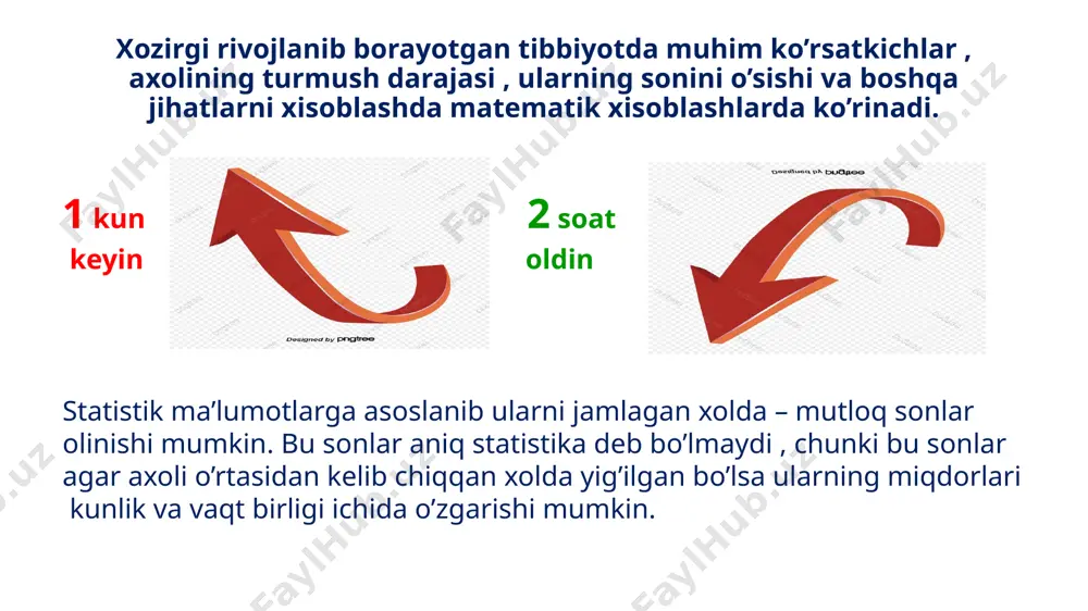 dan kelib chiqqan voqea jarayon. misol: tug’ilish va o’lim xollari. asos – asosan sonlar olinadi. misol : 100 % da , 1000 ‰ (promilli), 10000 bo’lsa ‰0 (prodetsimilli). muhit – axoli uning ayrim guruhlari (yosh, jins, kasb) axolini sanitariya ko’rsatkichlariga ularning yoshi, tug’ulish , vafot etish xolatlarini – intensiv ko’rsatkichga olsak bo’ladi . misol: “n” tumanda har 40000 kishidan 250 tasi vafot etdi deylik. bunda “n” tumandagi axoling xar 1000 kishisidan 250 kishisi vafot etmoqda ekan. o’lim ko’rsatkichi 6,25‰ (promill) ga teng ekan. o’zbekiston respublikasida 2018-yil интенсив кўрсаткичлар вақтинча меҳнат қобилиятини йўқотганлиги хақидаги кўрсаткич - 100 та ишчига; муқим шифохоналарда ўлган беморларнинг ўлим (летальность) кўрсаткичи – 100 та шифохонада даволанган беморлар сонига; демографик кўрсаткичлар (туғилиш,ахолини табиий ўсиши, ўлим каби кўрсаткичлар)- 1000 ахолига хисобланади. масалан: «н» туманида яшовчи 50000 ахолидан бир йилда 350 таси ўлди: интенсив кўрсаткич = 350 х 1000 = 7 %о 50000 демак, «н» туманида ҳар 1000 та …