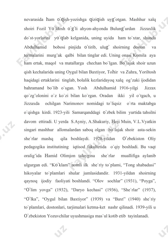 ning 30-yillarda yaratgan lirik asarlari orasida “baxtlar vodiysi” balladasi e`tiborga sazovor. shoirning 1932-yil ko`klamida farg’ona vodiysi bo`ylab safari taassurotlari asosida yozilgan bu asarda shoir farg’ona dalalariga kelgan ko`klam tasviri orqali sho`rolar malakatining bahorini, yangi hayot tongotarini olqishlamoqchi bo`ldi. tabiatdagi ko`klam bilan jamiyatdagi “yangilanish fasli” o`rtasida uyg’unlik ko`rdi. hamid olimjonning lirik qahramoni ona tuprog’ini ardoqlaydi, shu beshikda ulg’aygani bilan iftixor qiladi: men dunyoga kelgan kundanoq vatanim deb seni, uyg’ondim. odam baxti birgina senda bo`luriga mukammal qondim. “o`lka” she`ridan olingan mana bu to`rtlikda ham vatan haqidagi tuyg’ular samimiy. qulog’imga noming kirganda qumlik kabi tashna boqurman. sening jannat vodiylaringdan nahrlarday to`lib oqurman. “hamid olimjon sharqning eng yirik liriklaridan, -deb yozgan edi asqad muxtor. -u lirikaning kuchiga chuqur ishonch bilan qoradi, o`zining barcha janrdagi asarlarini lirikaning nafis sehri bilan sug’ordi”. ana shunday “nafis sehr bilan sug’orilgan” lirik she`rlarning katta bir qismini shoirning fuqarolik g’oyalari ulug’langan she`rlari tashkil etadi. bu she`rlarning juda ko`pchiligi hozir ham …