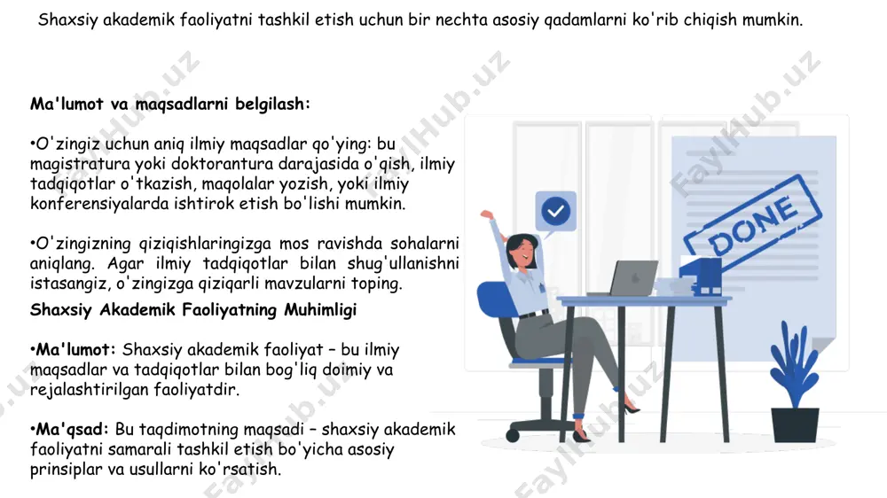 a'lumot bazalaridan foydalaning. resurslar va ma'lumotlar bazasini ishlash kutubxonalar va onlayn manbalar: ilmiy kutubxonalar va ma'lumot bazalaridan (google scholar, jstor, scopus) foydalanish. ilmiy maqolalar va kitoblarni o'qish: o'zingizni qiziqtirgan sohalarda yangi ilmiy adabiyotlarni topish. tadqiqotlarni o'rganish va ulardan foydalanish. shaxsiy akademik faoliyatni tashkil etish uchun bir nechta asosiy qadamlarni ko'rib chiqish mumkin. tadqiqot va amaliy faoliyat: o'zingizni qiziqtirgan sohalarda tadqiqotlar olib boring. bu ilmiy maqola yozish, eksperimentlar o'tkazish yoki muammolarni tahlil qilish bo'lishi mumkin. o'z tadqiqotlaringizni yozma tarzda taqdim etish va tahlil qilish. tadqiqot o'tkazish va yozish ilmiy izlanishlarni boshlash: mavzu tanlash, adabiyotlarni o'rganish, metodologiya va tadqiqot dizaynini yaratish. ma'lumotlarni tahlil qilish: eksperimentlar, statistik tahlil, natijalar va xulosalarni chiqarish. maqola yozish: ilmiy maqolalarni yozish va ilmiy jurnallarda chop etish. tahlil qilish, xulosalar chiqarish va tajriba asosida ilmiy natijalarni taqdim etish. shaxsiy akademik faoliyatni tashkil etish uchun bir nechta asosiy qadamlarni ko'rib chiqish mumkin. ilmiy jamoalar va konferensiyalar: ilmiy konferensiyalarda ishtirok …