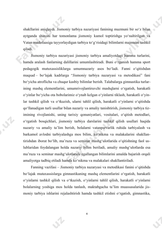 dalangan holda nazariy bilim beriladi, amaliy mashg‘ulotlarda esa ma’ruza va seminar mashg‘ulotlarida egallangan bilimlarini amalda bajarish orqali amaliyotga tadbiq etiladi hamda ko‘nikma va malakalari shakllantiriladi. fanning vazifasi – jismoniy tarbiya nazaryasi va metodikasi fanini o‘qitishda bo‘lajak mutaxassislarga gimnastikaning mashq elementlarini o‘rgatish, harakatli o‘yinlarni tashkil qilish va o‘tkazish, o‘yinlarni tahlil qilish, harakatli o‘yinlarni bolalarning yoshiga mos holda tanlash, maktabgacha ta’lim muassasalarida jismoniy tarbiya ishlarini rejalashtirish hamda tashkil etishni o‘rgatish, gimnastika, harakatli o‘yinlarni kelib chiqishi, qisqacha tarixi, turkumlari, rivojlanish bosqichlari, pedagogik ahamiyatini anglatish, gimnastika mashqlari va harakatli o‘yinlarni tasnifini anglatish, uning tarixiy qonuniyatlari, vositalari, o‘qitish metodlari, o‘rgatish bosqichlari, jismoniy tarbiya darslarini tashkil qilish usullari bo‘yicha nazariy bilimlarni o‘rgatish, jismoniy sifatlarni tarbiyalash va rivojlantirish yo‘llarini o‘rgatishdan iborat. jismoniy tarbiya nazaryasi va metodikasi fanini o‘zlashtirish jarayonida amalga oshiriladigan masalalar doirasiga - maktabgacha yoshdagi bolalarga jismoniy tarbiya asoslarini, maktabgacha yoshdagi bolalar rivojlanishining yosh xususiyatlarini, jismoniy tarbiya vazifalari va vositalari, metodlarini, yosh bosqichlariga qarab o‘quv ishlarini …