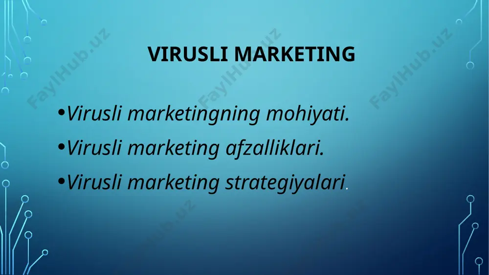 h: virusli marketing, odamlar tomonidan o'zaro tarqatilishiga asoslangan bo'lib, reklama tez va keng tarqalishi mumkin. bu orqali brand yoki mahsulot haqida tezda katta auditoriyaga xabar yuborish mumkin. kam xarajatlar: virusli marketing odatda kam xarajat bilan amalga oshiriladi. reklama odatda ijtimoiy tarmoqlarda yoki foydalanuvchilar tomonidan tarqatiladigan videolar, postlar yoki memlar orqali tarqatiladi, bu esa an'anaviy reklama kanallariga nisbatan arzonroq bo'lishi mumkin. yuqori ishonch: virusli marketingda odamlar o'zlari ishonadigan, yoqtirgan yoki kulgili deb bilgan kontentni boshqa odamlarga ko'rsatadilar. bu brandning ishonchli va organik tarzda rivojlanishiga yordam beradi, chunki foydalanuvchilar reklama qilayotgan kontentni o'z do'stlari va oila a'zolariga tavsiya qilishadi. o'zaro aloqaning kuchayishi: virusli marketing orqali brand va auditoriya o'rtasidagi aloqalar mustahkamlanadi. odamlar reklama kontentiga javob berib, uni izohlashadi, bu esa brendga to'g'ridan-to'g'ri mijozlar bilan aloqada bo'lish imkonini beradi. tez o'sish va brandni tanishlik: agar virusli marketing muvaffaqiyatli bo'lsa, brendning taniqliligi keskin oshadi. bu mahsulot yoki xizmatga bo'lgan qiziqishning ortishiga olib kelishi mumkin. …