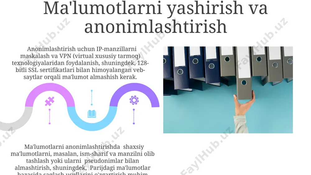 ularning samaradorligi 99% dan yuqori. fayllar, papkalar va disklar bilan ishlash toshkentdagi serverda 100 gb dan ortiq fayllarni saqlash uchun papkalar ierarxiyasini 3 qatordan ko'proq bo'lgan tuzilmada tashkil qilish maqsadga muvofiqdir, bu ma'lumotlarga tez va samarali kirishni ta'minlaydi. 500 dan ortiq faylni o'z ichiga olgan papkani kompyuterda qidirish jarayonini tezlashtirish uchun fayl nomlarini aniq va tizimli ravishda nomlash, masalan, “2023_hisobot_samarqand.xlsx” kabi, muhim ahamiyatga ega. e'tiboringiz uchun rahmat @taqdimot_robot image4.jpg image5.jpg image6.jpg image7.jpg image8.jpg image9.jpg image10.jpg image11.jpg image12.jpg image13.jpg image14.jpg image15.jpg image16.jpg image17.jpg image18.jpg image19.jpg image20.jpg image1.jpeg image2.jpeg image3.jpeg