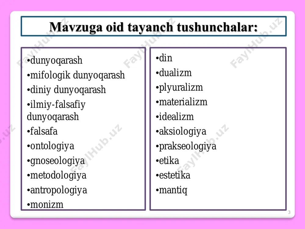 ularning muloqoti, inson bilan alokada bulishi; •abstrakt mulohazalarning yuqligi (refleksiya lar); miflarning konkret hayotiy masalalargni yechishga karatilganligi (xujalik, ofatlardan asrash va b. d.); 11 mifologik dunyoqarashning o‘ziga xos xususiyatlari bu oddiy rivoyat, biror bir voqea haqidagi hikoya emas, balki og‘zaki matnning arxaik ongdagi voqea-hodisalarga, insonga va u yashayotgan dunyoga ta’sir ko‘rsatuvchi muayyan borliq sifatidagi in’ikos. insoniyat tarixining ilk bosqichlarida odamlar xulq-atvori va o‘zaro munosabatlarini tartibga solish funksiyasini bajargan. chunki, unda axloqiy qarashlar, insonning borliqqa estetik munosabati o‘z ifodasini topgan. 12 mifologik dunyoqarashning o‘ziga xos xususiyatlari mifologiyada hamma narsa bir, yaxlit, ajralmasdir. tabiat narsalari va hodisalari inson bilan ayni bir xil qonunlarga muvofiq yashaydi. inson bilan bir xil sezgi, istak, mayllarga ega bo‘ladi. mif-kimningdir uydirmasi yoki o‘tmish sarqiti emas, balki, shunday bir o‘ziga xos tilki inson uning yordamida qadim zamonlardanoq dunyoni tavsiflagan. o‘zining tarqoq bilimlarini umumlashtirgan talqin qilgan, tasnif qilgan va muayyan tizimga solgan. mifda ota, oqsaqol hukmi va qaror topgan …