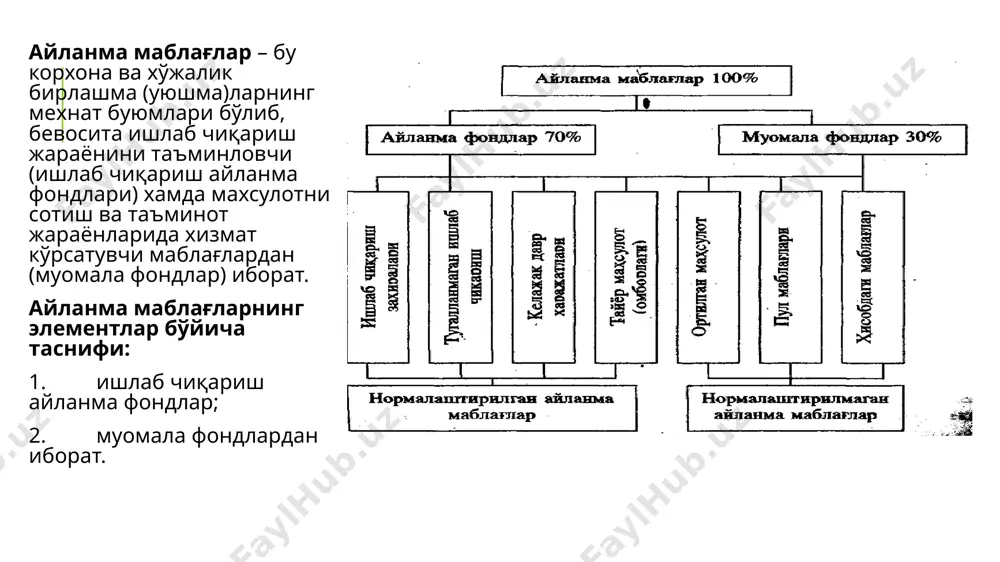сарфи камаяди, ёки бир айланиш доирасига зарур бўлган маблағлар харакат тезлиги ошса, шунчалик айланма мабаалардан самарали фойдаланган хисобланади. келтирилган мисолни кўрайлик: д=72 кун, ўк=400 млн сўм, мй=2000 млн сўм, ка=5. айланма маблағлар харакат тезлигини ўсиши натижасида (тегишли чора-тадбирлар ўтказилгандан сўнг) бир доиравий айланиш даври 60 кунга тенг бўлди. у холда ка=360/60=6 маротаба бўлди. а) агар маулот хажми ўзгармаса (мй=const), бир айланиш даврига зарур айланма маблағлар миқдори фўс: ўс=м/ка=2000/6=333,3 млн сўм бўлиб, яъни айланма маблағлар тежалган хажми () - ўк=400-333,3=64,67 млн сўмни ташкил қилади. б) ўк=const холда ка=6 бўлса, у холда мй=ка*ўк=6*400=2400 млн сўм, яъни йилнинг махсулот хажми (). мй=2400-2000=400 млн сўмга қупайган. айланма маблағлар айланиш тезлигини ошириш қуйидаги йўллар билан этиборингиз учун рахмат! image2.jpg image3.png image4.emf саноат тармоқларида айланма маблағларнинг тахминий структураси (%-да) қуйидаги маълумотлар билан изохланади: саноат созлик тармоғи кимё тармоғи оот айланма маблағла, шу жумладан: 100 100 100 100 а) ишлаб чиқариш айланма маблағлари: 79,8 67,2±68,1 83,7 74,7 …