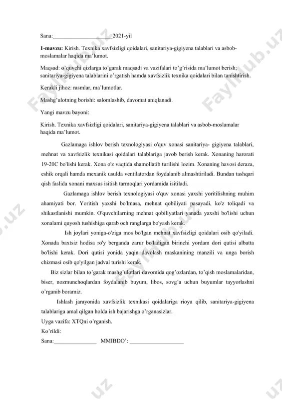 ioya qilib, sanitariya-gigiyena talablariga amal qilgan holda ish bajarishga o’rganasizlar. uyga vazifa: xtqni o’rganish. ko’rildi: sana:_______________ mmibdo’: ___________________ sana:_____________________2021-yil. 2-mavzu: qog’ozdan “guldon” yasash. maqsad: o’quvchi qizlarga turli rangdagi qog’ozlardan foydalanib turli ko’rinishda rang-barang gullarni yasashni o’rgatish. kerakli jihoz: rasmlar, ko’rgazmalar, qaychi, pva elimi, rangli qog’ozlar. mashg’ulotning borishi: salomlashib, davomat aniqlash va o’tilgan mavzuni mustahkamlash. yangi mavzu bayoni: bugun biz sizlar bilan turli rangdagi qog’ozlardan foydalanib gullarni yasashni o’rganib olamiz. bunda bizga barglari uchun yashil rangli qog’oz, gul burglar uchun qizil, sariq, sabzirangli qog’ozlar kerak bo’ladi. eng avval ishni gulbarglarni tayyorlashdan boshlaymiz. rangli qog’ozga gulbarg rasmlarini chizib olamiz va uni qaychi yordamida qirqib olamiz. undan so’ng bu gulbarglarni bir-biriga pva elimi yordamida biriktiramiz, undan so’ng gulning bargini yashil rangli qog’ozdan qirqib olamiz. gulbarglarni novdaga mahkamlab yelimlaymiz va barglarni ham novdaga biriktiramiz. tayyor gulimizni guldonga solib qo’yishimiz mumkin. bunday usul bilan tayyorlangan gullardan guldasta tayyorlab tug’ilgan kun uchun ham sovg’a qilishimiz mumkin. …