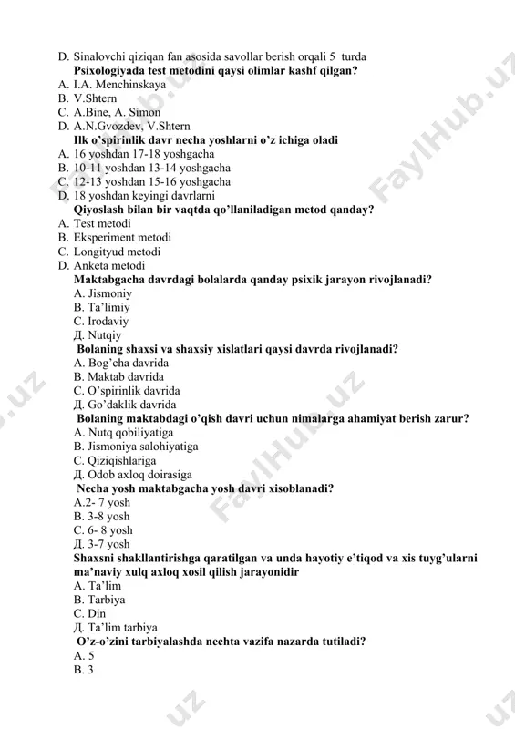 ha c. 12-13 yoshdan 15-16 yoshgacha d. 18 yoshdan keyingi davrlarni qiyoslash bilan bir vaqtda qo’llaniladigan metod qanday? a. test metodi b. eksperiment metodi c. longityud metodi d. anketa metodi maktabgacha davrdagi bolalarda qanday psixik jarayon rivojlanadi? а. jismoniy в. ta’limiy с. irodaviy д. nutqiy bolaning shaxsi va shaxsiy xislatlari qaysi davrda rivojlanadi? а. bog’cha davrida в. maktab davrida с. o’spirinlik davrida д. go’daklik davrida bolaning maktabdagi o’qish davri uchun nimalarga ahamiyat berish zarur? а. nutq qobiliyatiga в. jismoniya salohiyatiga с. qiziqishlariga д. odob axloq doirasiga necha yosh maktabgacha yosh davri xisoblanadi? а.2- 7 yosh в. 3-8 yosh с. 6- 8 yosh д. 3-7 yosh shaxsni shakllantirishga qaratilgan va unda hayotiy e’tiqod va xis tuyg’ularni ma’naviy xulq axloq xosil qilish jarayonidir а. ta’lim в. tarbiya с. din д. ta’lim tarbiya o’z-o’zini tarbiyalashda nechta vazifa nazarda tutiladi? а. 5 в. 3 с. 4 д. 6 tarbiya ijtimoiy foydali faoliyat mehnat tarbiya …