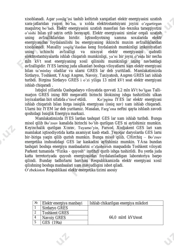 an xarajatlarga bog’liq bo’ladi. shuning uchun yangi elektrostantsiyalarni barpo etishda shu faktorlarni xisobga olish muxim xisoblanadi. agar yonilg’ini tashib keltirish xarajatlari elektr energiyasini uzatish xara-jatlaridan yuqori bo’lsa, u xolda elektrostantsiyani joyini o’zgartirgan maqulroq bo’ladi. elektr energiyasini uzatish masofasi fan–texnika taraqqiyotini o’sishi bilan yil sayin ortib borayapti. elektr energiyasini simlar orqali uzatish uning avfzalliklaridan biridir. iqtisodiyotning xamma soxalarida elektr energiyasidan foydalanilishi bu energiyaning ikkinchi muxim avfzalliklaridan xisoblanadi. maxalliy yoqilg’ilardan keng foydalanish mumkinligi imkoniyatlari uning uchinchi avfzalligi va nixoyat elektr energiyasini qudratli elektrostantsiyalarda ishlab chiqarish mumkinligi, ya’ni bir joyni o’zida bir necha mln kvt soat energiyaning xosil qilinishi mumkinligi uning navbatdagi avfzalligidir. iyes larning juda ulkanlari boshqa viloyatlarni xam elektr energiyasi bilan ta’minlay oladilar va ularni gres lar deb yuritiladi. mamlakatimizda sirdaryo, toshkent, yangi angren, navoiy, taxiyatosh, angren gres lari ishlab turibdi. birgina sirdaryo gres i o’zi yiliga 13 mlrd kvt soat elektr energiyasi ishlab chiqaradi . istiqlol yillarida qashqadaryo viloyatida quvvati …