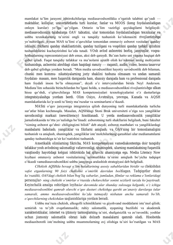 halarni amalga oshirish; • ikkinchisi — bu oav vositasida masni ommalashtirish, auditoriyani axborotni iste’mol qilishda tahlil va tanqidiy fikrlashdan xabardor etish. jurnalistlar uchun mas bo’yicha ta’lim platformalari media va axborot savodxonligi ko’pincha hayot uchun va global mediadunyo uchun ta’lim sifatida belgilanadi. masning ta’lim resurslari — bu multime- diyali kontentning dolzarb, ekspert bazali o’ziga xos xablaridir. yunesko ushbu yo’nalishdagi ko’p sonli loyihalar va dasturlarning tashabbuskori va muvofiqlashtiruvchisi hisoblanadi. xalqaro darajada mediata’limga yo’l ochib bergan gryunvald deklaratsiyasi (1982) qabul qilingan paytdan boshlab, yunesko odamlar o’rtasida mas sohasida kompetensiyalar rivojlanishini qo’llab- quvvatlashda davom etmoqda. ushbu amaliy qadamlar “parij dasturi yoki mediata’lim bo’yicha 12 tavsiya” doirasida ishlab chiqilgan tavsiyalarni amalga oshirishga qaratilgan. quyida masni mustaqil o’rganish uchun onlayn resurslar, shuningdek, muta- xassislar o’rtasida aloqalar o’rnatishga, tadqiqotlarga ko’maklashuvchi plat- formalar keltirilgan. mediasavodxonlik o’quv jarayoniga fundamental va barqaror joriy etish uchun jurnalistlarni oliy darajada va maxsus tayyorlashda akademik va qisqa muddatli kurslar shaklida umumta’lim dasturlari jarayoniga …