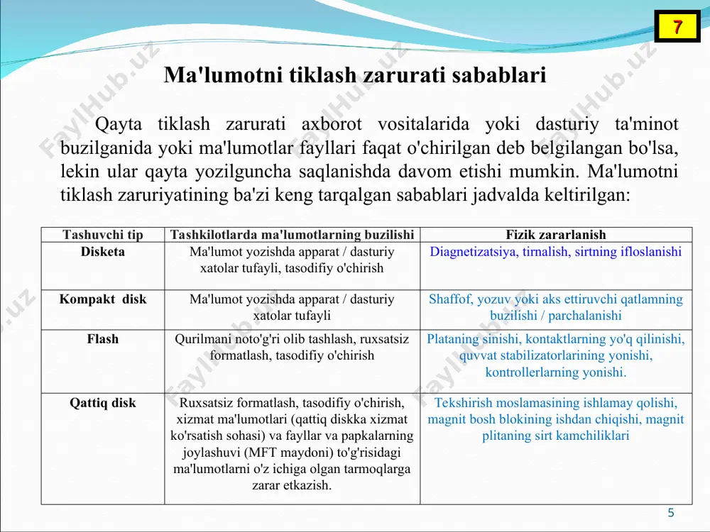 l tizimining tuzilishini tiklash. raw 15 hozirgi vaqtda ma'lumotlarni qayta tiklashning bir necha asosiy usullari mavjud. usul drayverning ishdan chiqishiga qarab tanlanadi. dasturiy ta'minot usuli natija bermaydigan holatlarda apparat-dasturiy usul qo'llaniladi. ma'lumotni tiklash dasturi. bu ma'lumotlarni saqlash qurilmasiga jismoniy aralashuvisiz, shuningdek dasturiy ta'minotning ishlashi va xizmat ko'rsatish modullarining tuzilishida ma'lumotlarni tiklash. ushbu usul drayverning o'zi ishlamay qolganda qo'llaniladi, ammo biron bir sababga ko'ra yoki boshqa sabablarga ko'ra unda saqlangan ma'lumotlarga kirish yo'qoladi. ma'lumotlarni tiklash usullari 16 ma'lumotni tiklash usullari (foto, video,) 17 davomi buning sababi mantiqiy disklarni formatlash, drayverning mantiqiy geometriyasini muvaffaqiyatsiz o'zgartirish, ma'lumotni yo'q qilish, fayl tizimini qisman yoki to'liq yo'q qilish, drayverga ma'lumotlarni joylashtirish tuzilishi haqida ma'lumot bo'lishi mumkin. ma'lumotlarni tiklashning apparat-dasturiy usuli. malakali aralashuvsiz bu deyarli imkonsizdir - hatto tajribali foydalanuvchi ham buni qila olmaydi. bunday tashxislar tashuvchini demagnetizatsiya qilish, diskdagi tirnalishlar, elektr zanjiridagi jiddiy uzilishlar har bir holatda individual yondashuvni talab qiladi. bu yoki boshqa usul, …